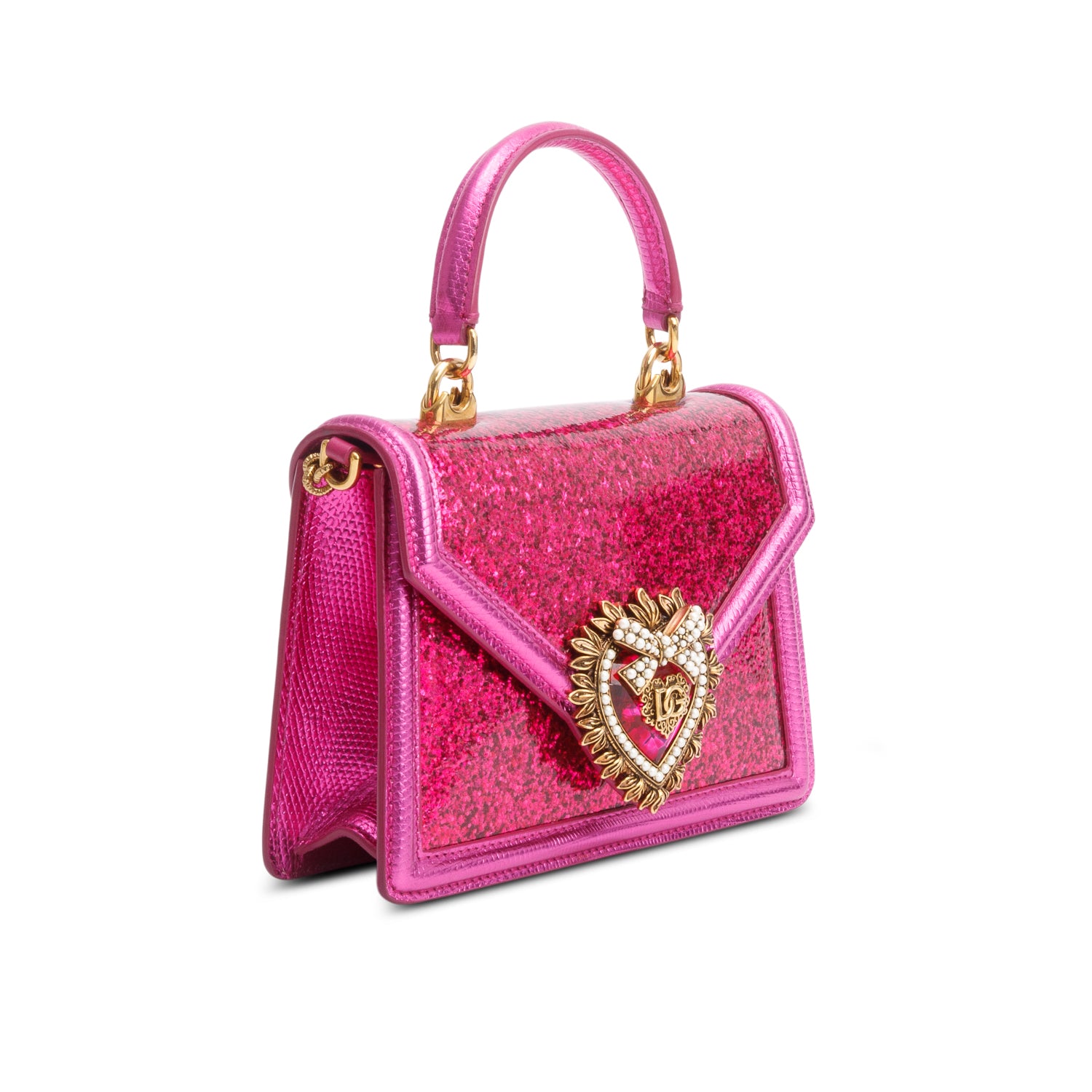 Dolce & Gabbana Pink Glitter Lizzard Small Devotion Top Handle Bag w/ Box, Chain & Authenticity Card