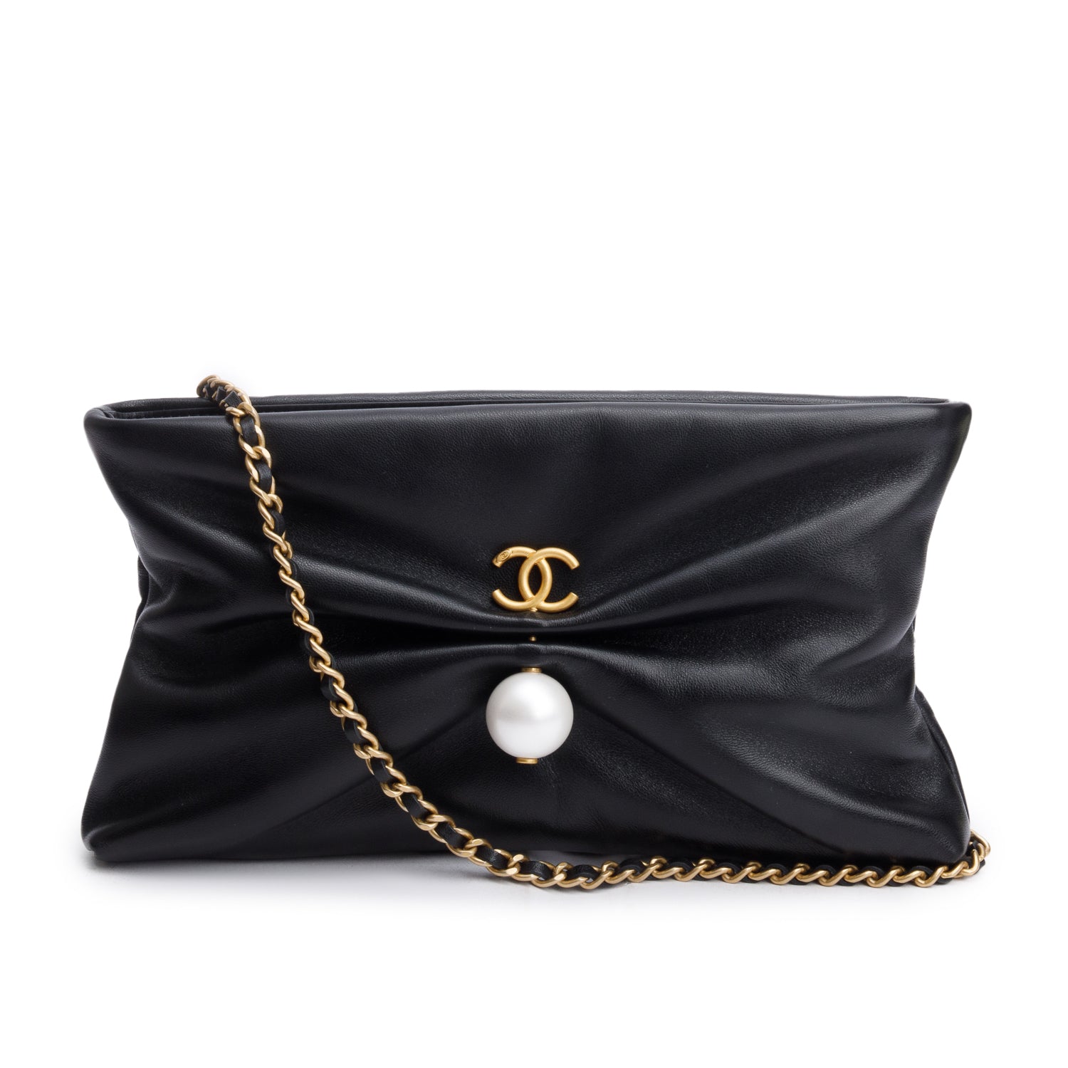 Chanel 2025 Black Shiny Lambskin Pearl Clutch w/ Chain & Box