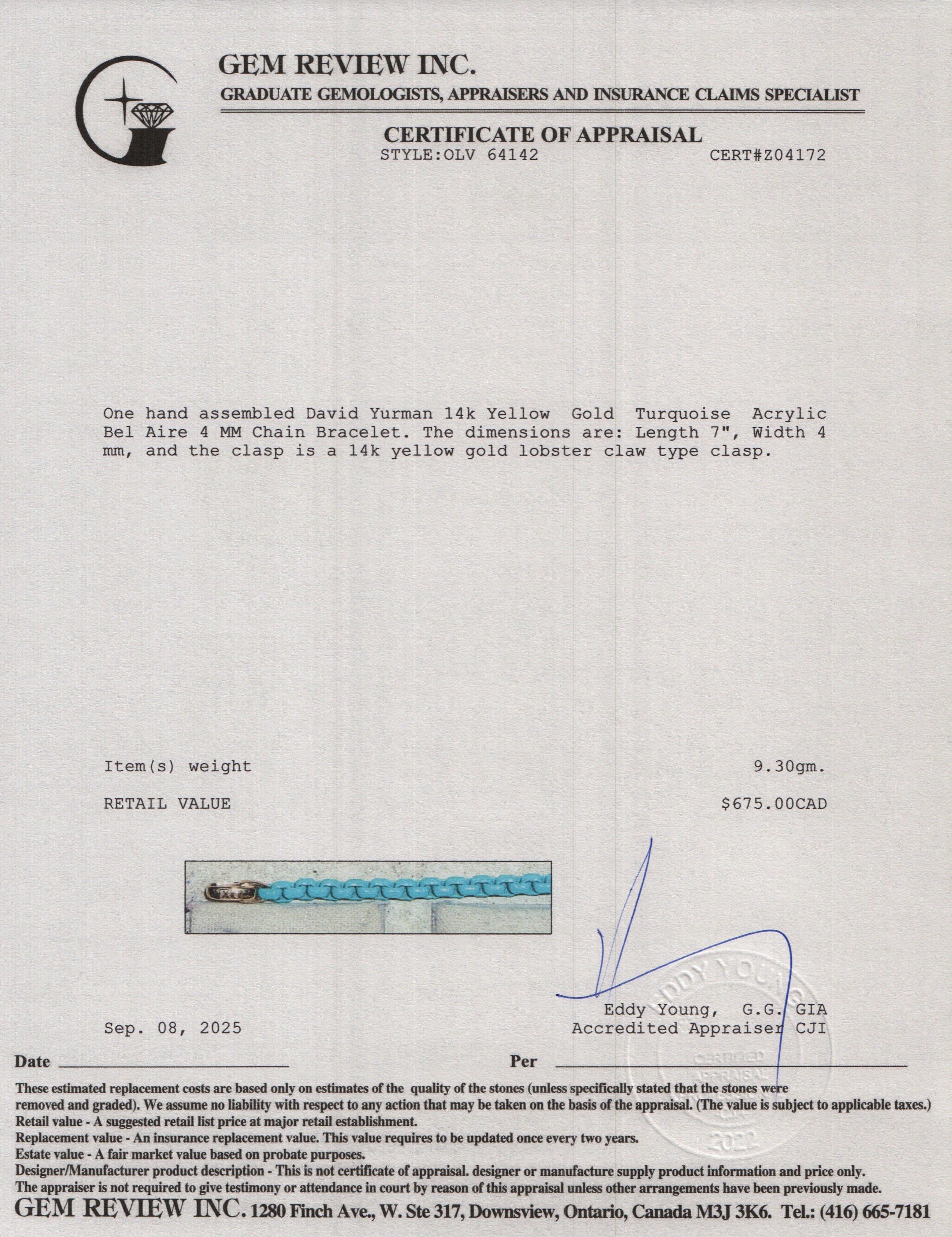 David Yurman 14k Yellow Gold Turquoise Acrylic Bel Aire 4 MM Chain Bracelet w/ Box