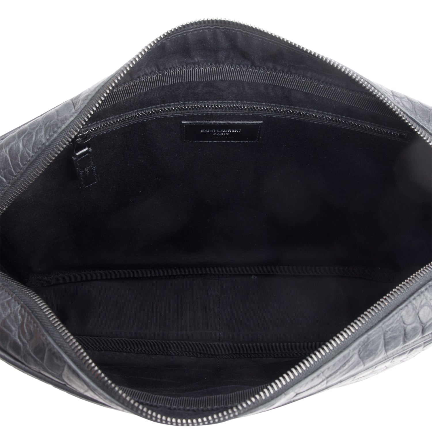 Saint Laurent Black Croc Embossed Zip Messenger Bag