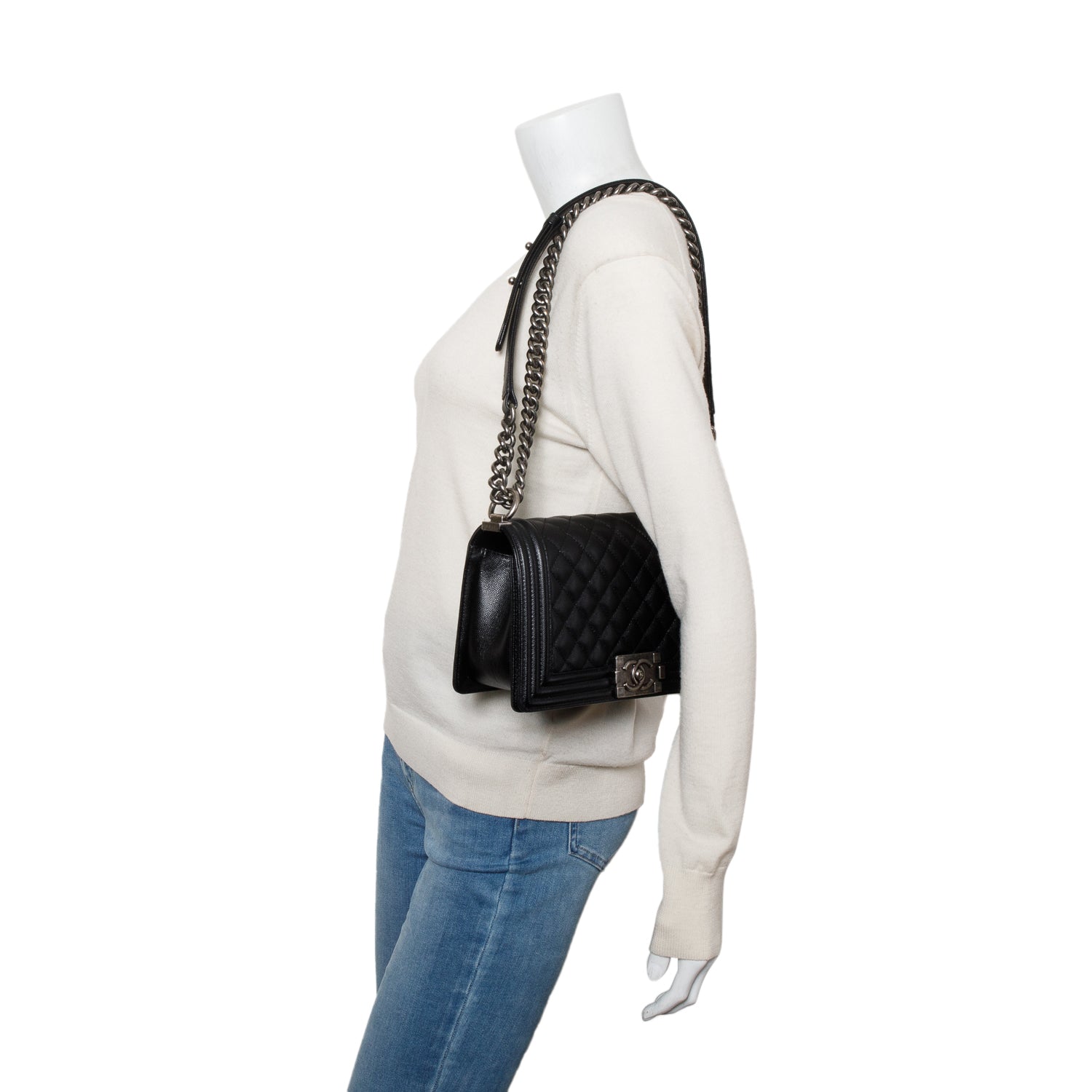 Chanel Black Caviar Quilted Medium Boy Bag w/ Box