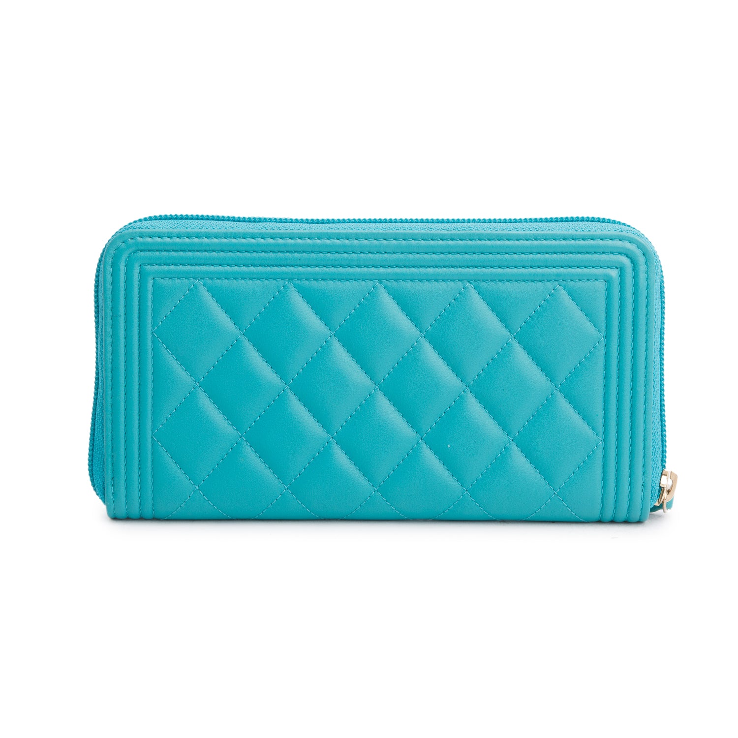 Chanel Teal Lambskin Quilted Boy Zip Around Wallet