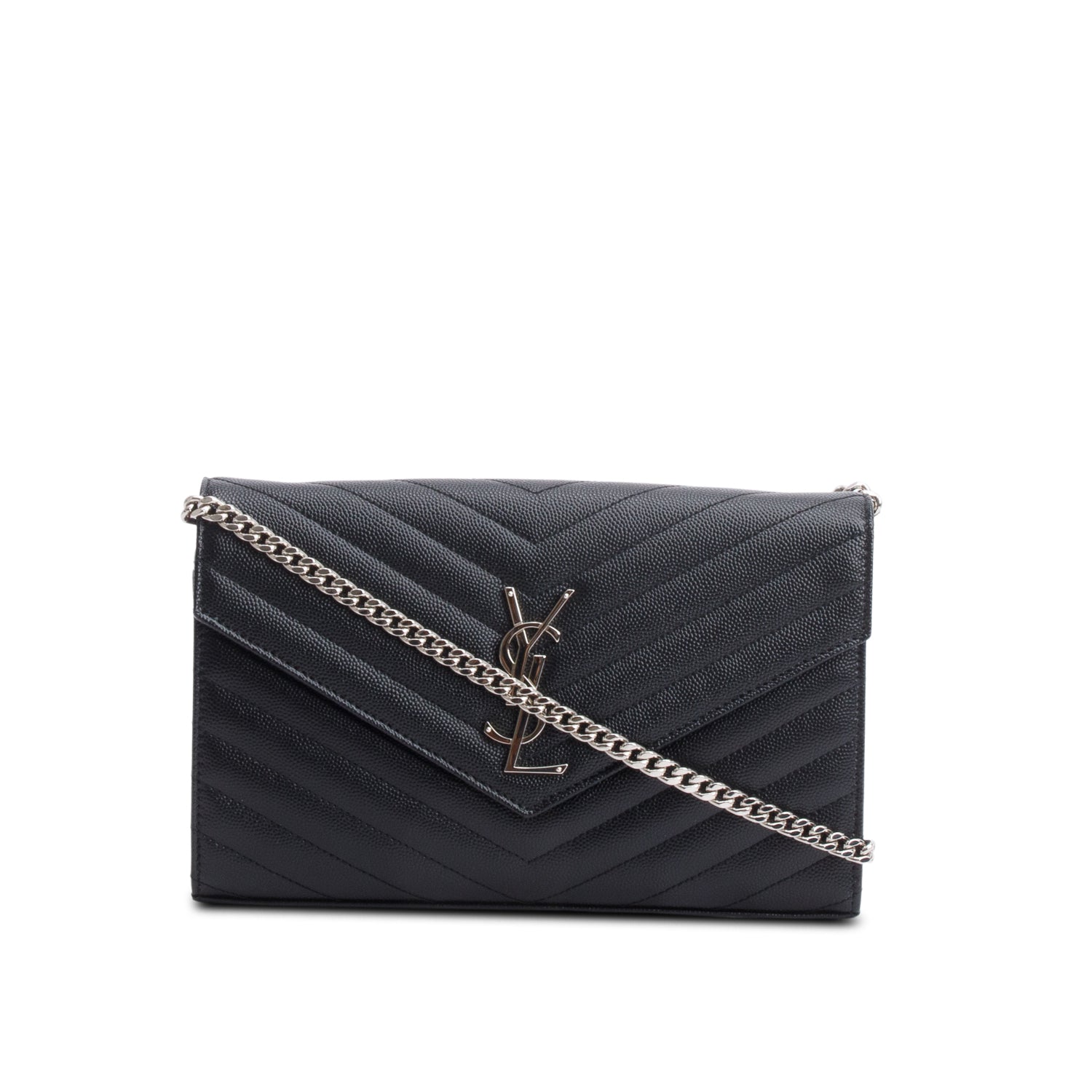Saint Laurent 2022 Black Grain De Poudre Leather Cassandre Envelope Chain Wallet