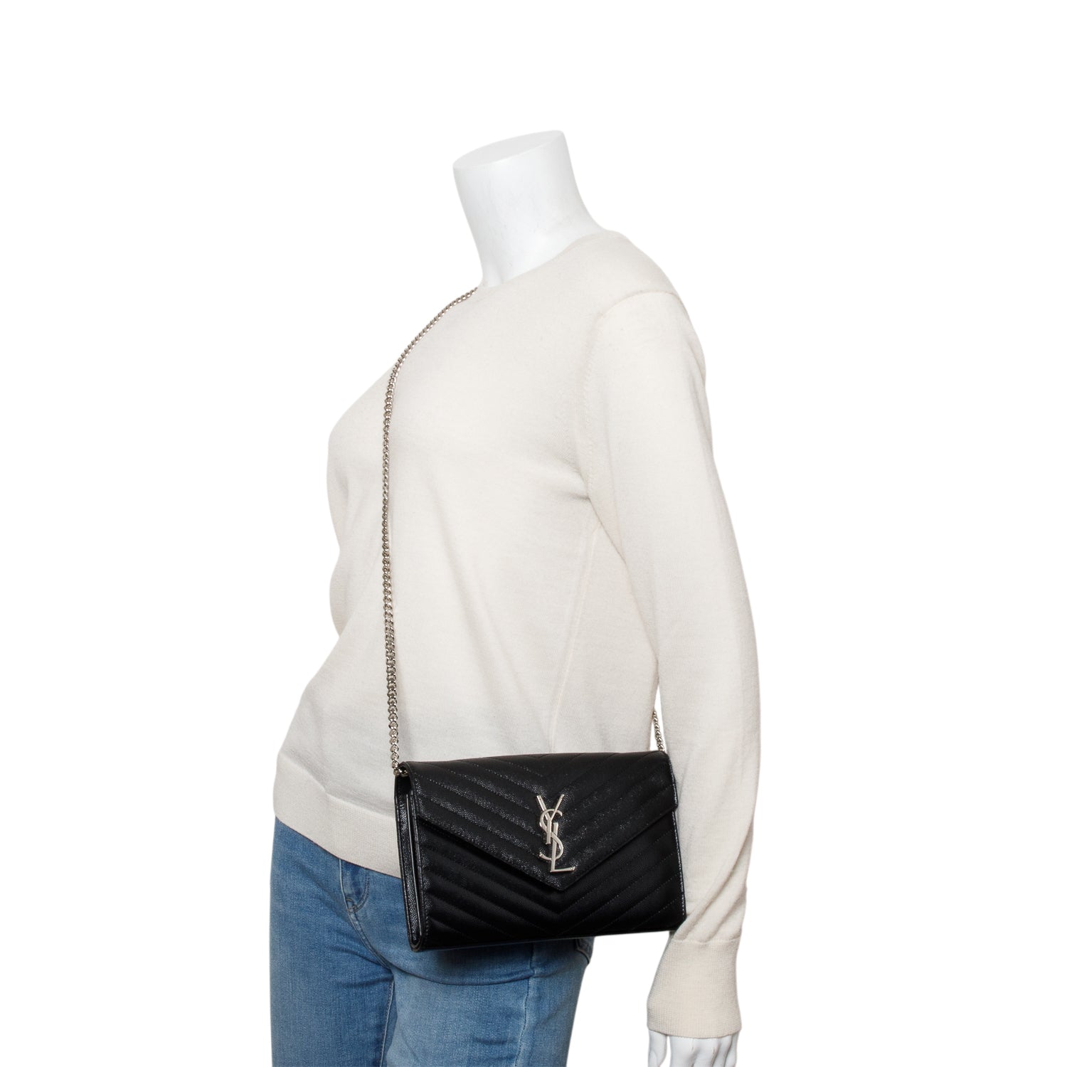 Saint Laurent 2022 Black Grain De Poudre Leather Cassandre Envelope Chain Wallet