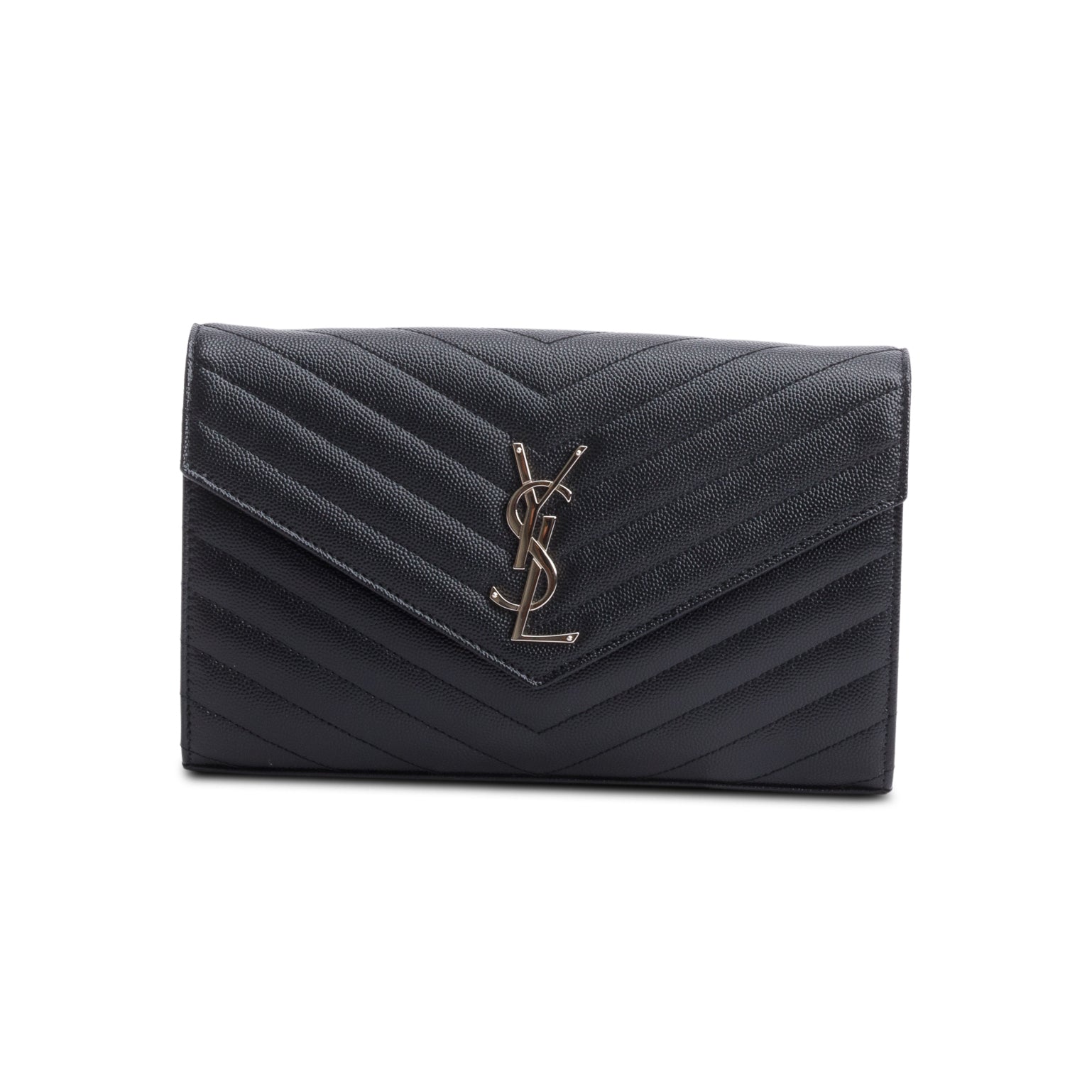 Saint Laurent 2022 Black Grain De Poudre Leather Cassandre Envelope Chain Wallet