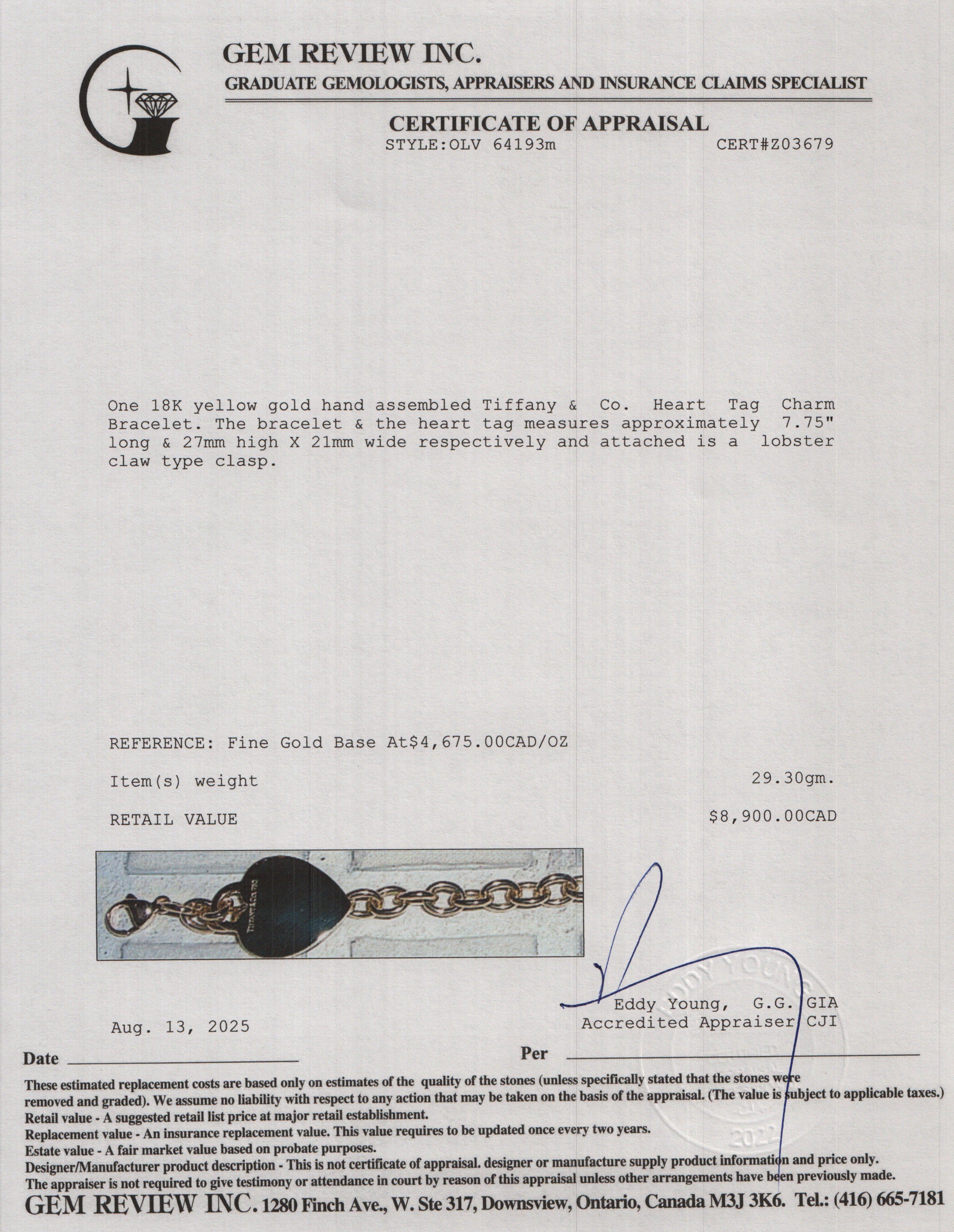 Tiffany & Co. 18k Yellow Gold Heart Tag Charm Bracelet w/ Box