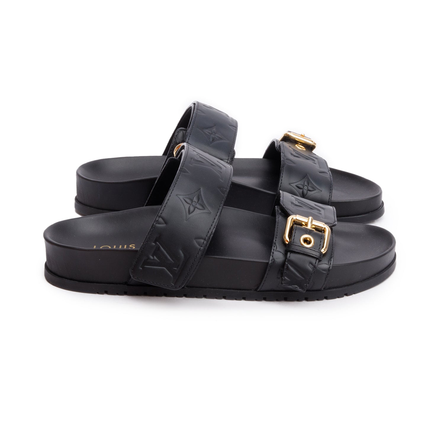 Louis Vuitton 2023 Black Monogram Embossed Leather Bom Dia Comfort Mule, Size 36 w/ Box & Receipt