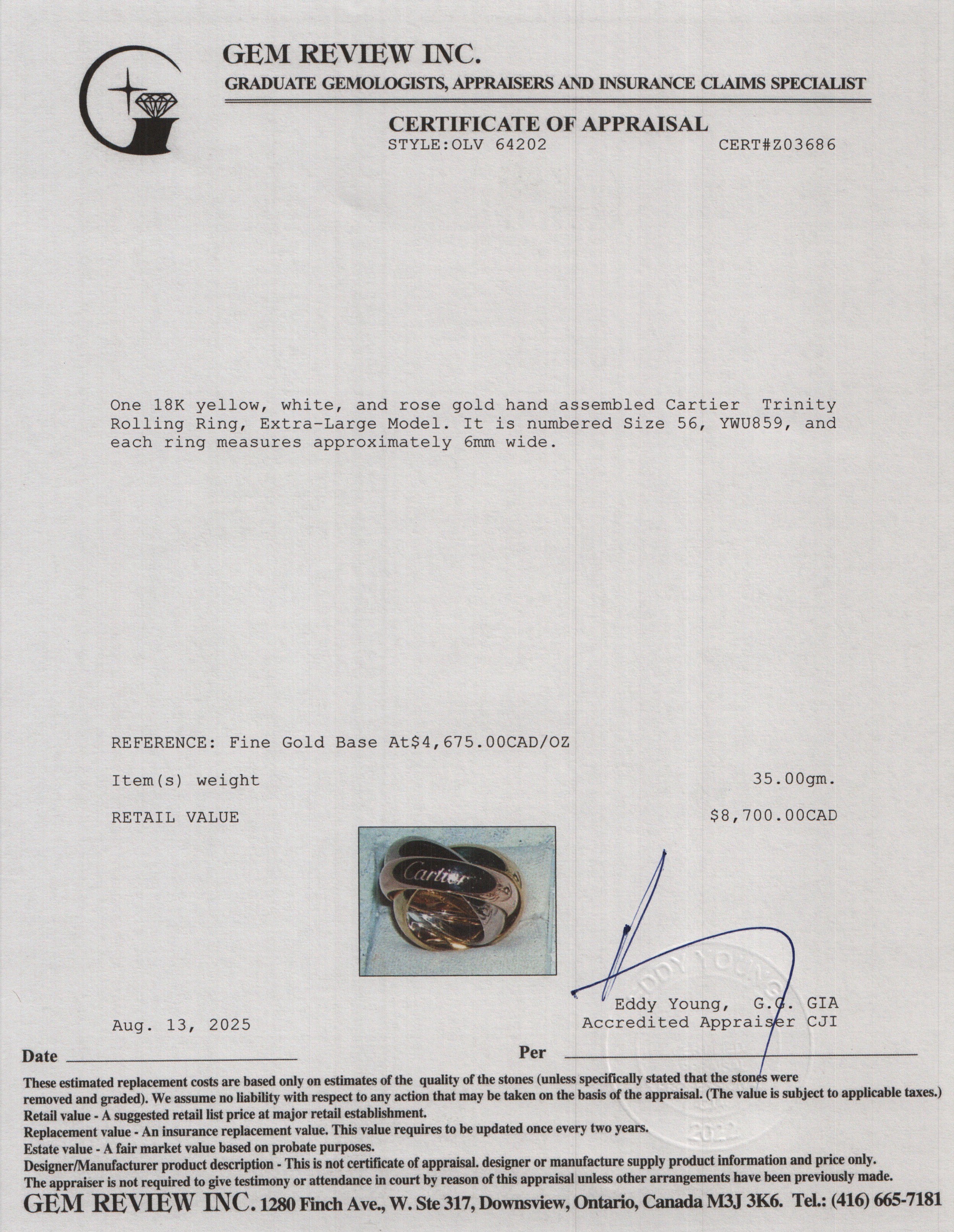 Cartier 2025 18k Tri-Gold Trinity Rolling Ring, Extra-Large Model Size 56 7 w/ Box & Certificate