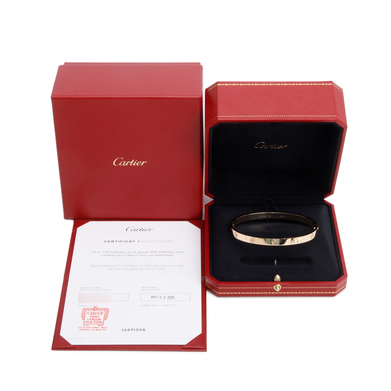 Cartier 2025 18k Yellow Gold Love Bracelet, Classic Model, Size 22 w/ Box & Certificate