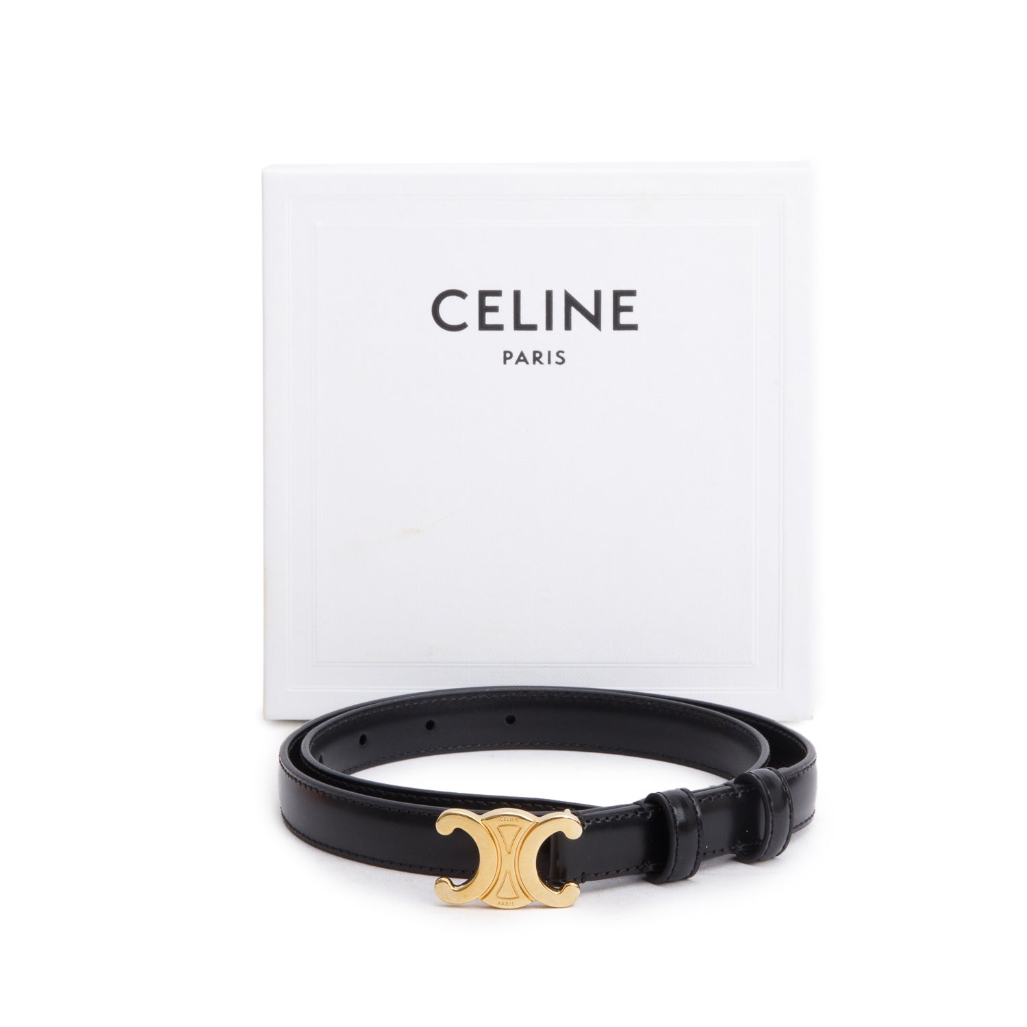 Celine 2023 Black Taurillon Leather Small Triomphe 18 MM Belt, Size 70 w/ Box