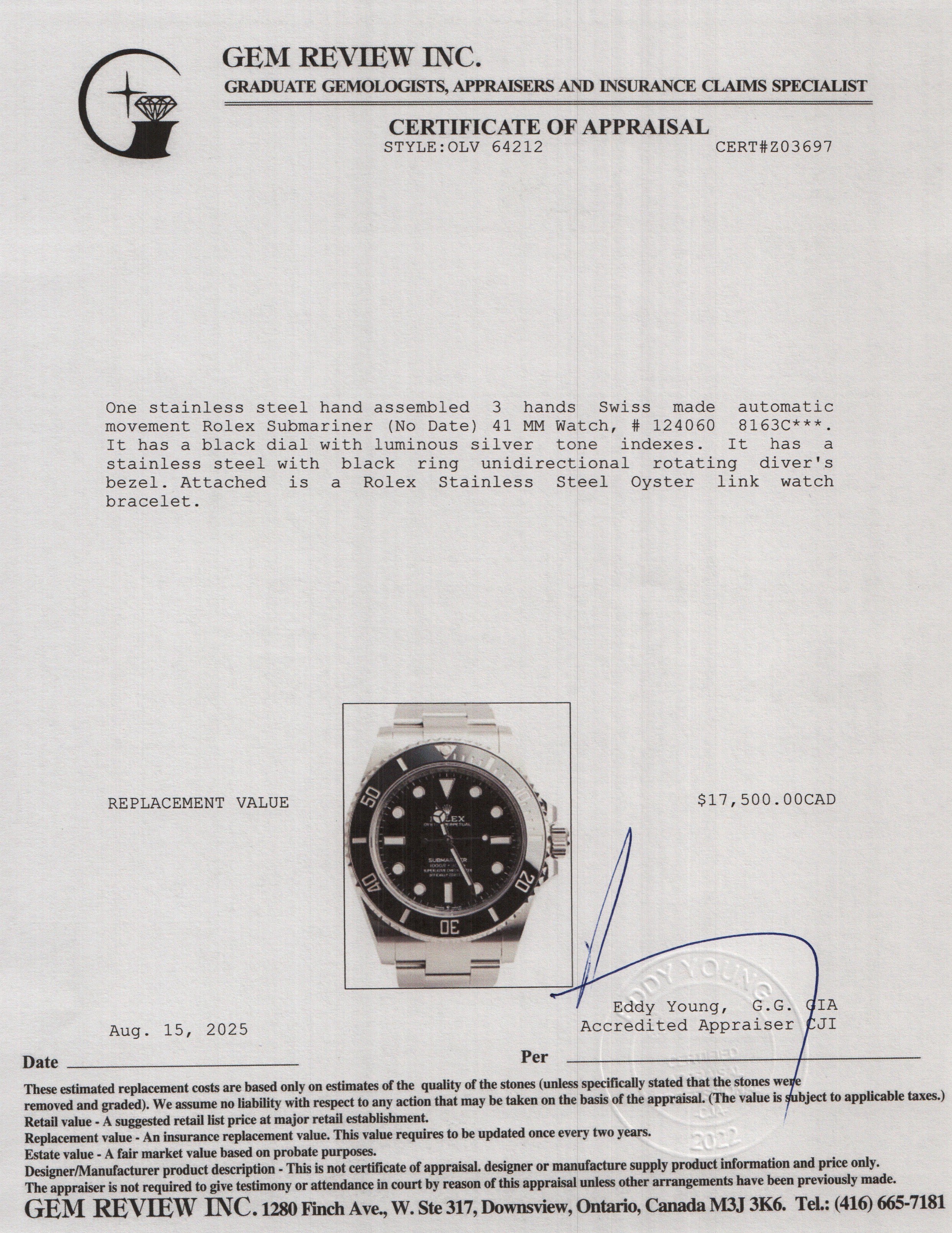 Rolex 2021 Stainless Steel Submariner (No Date) 41 MM Automatic Watch 124060 w/ Box & Papers