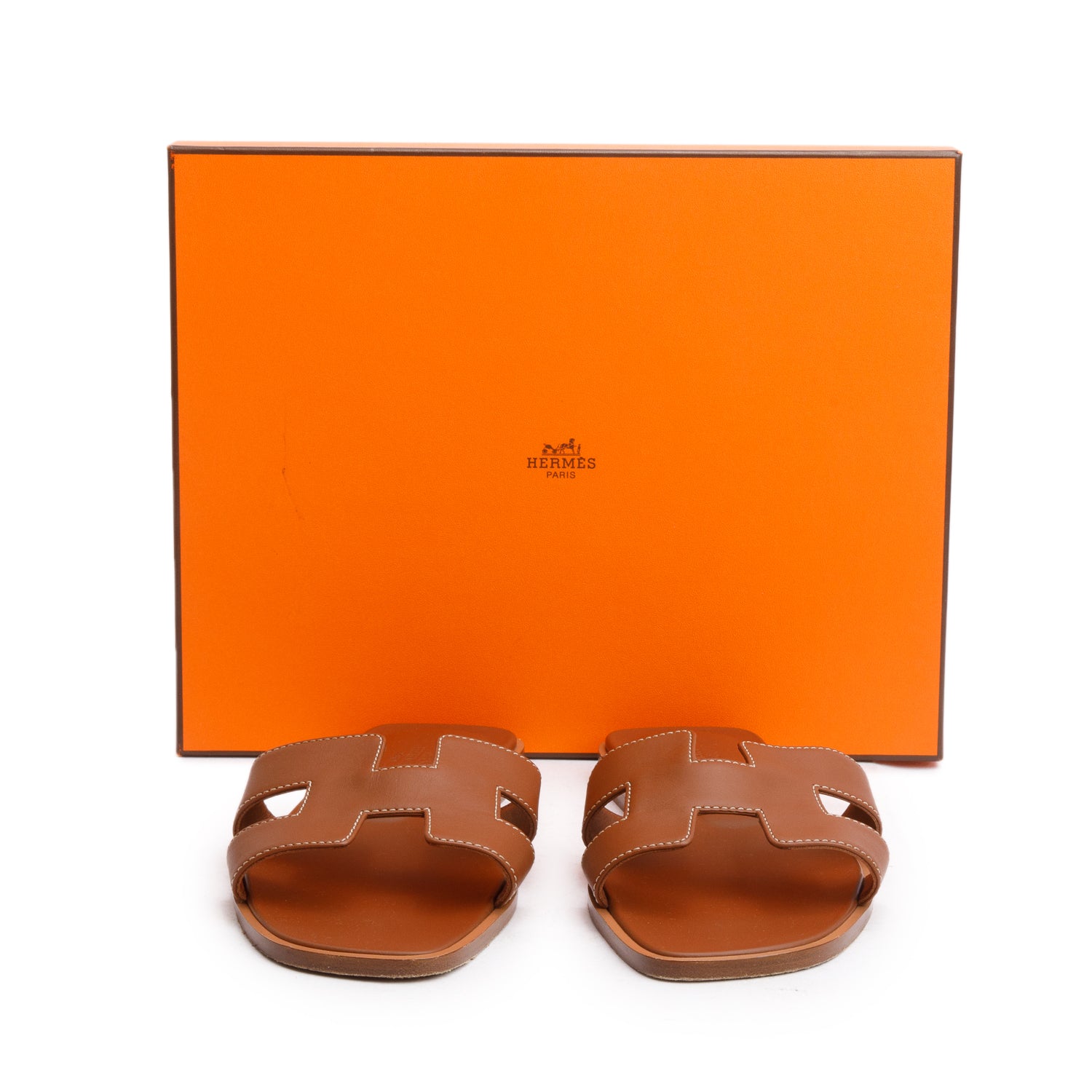 Hermes Gold Box Leather Oran Sandals, Size 39 w/ Box