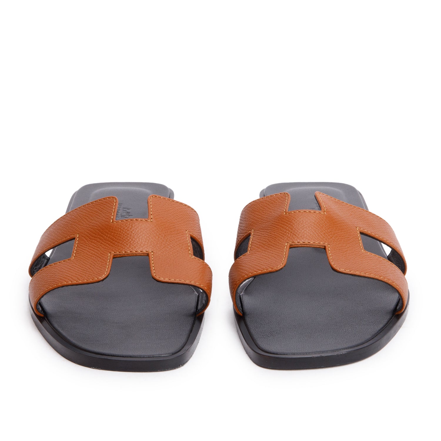 Hermes Gold Epsom Noir Box Leather Oran Sandals, Size 38.5 w/ Box