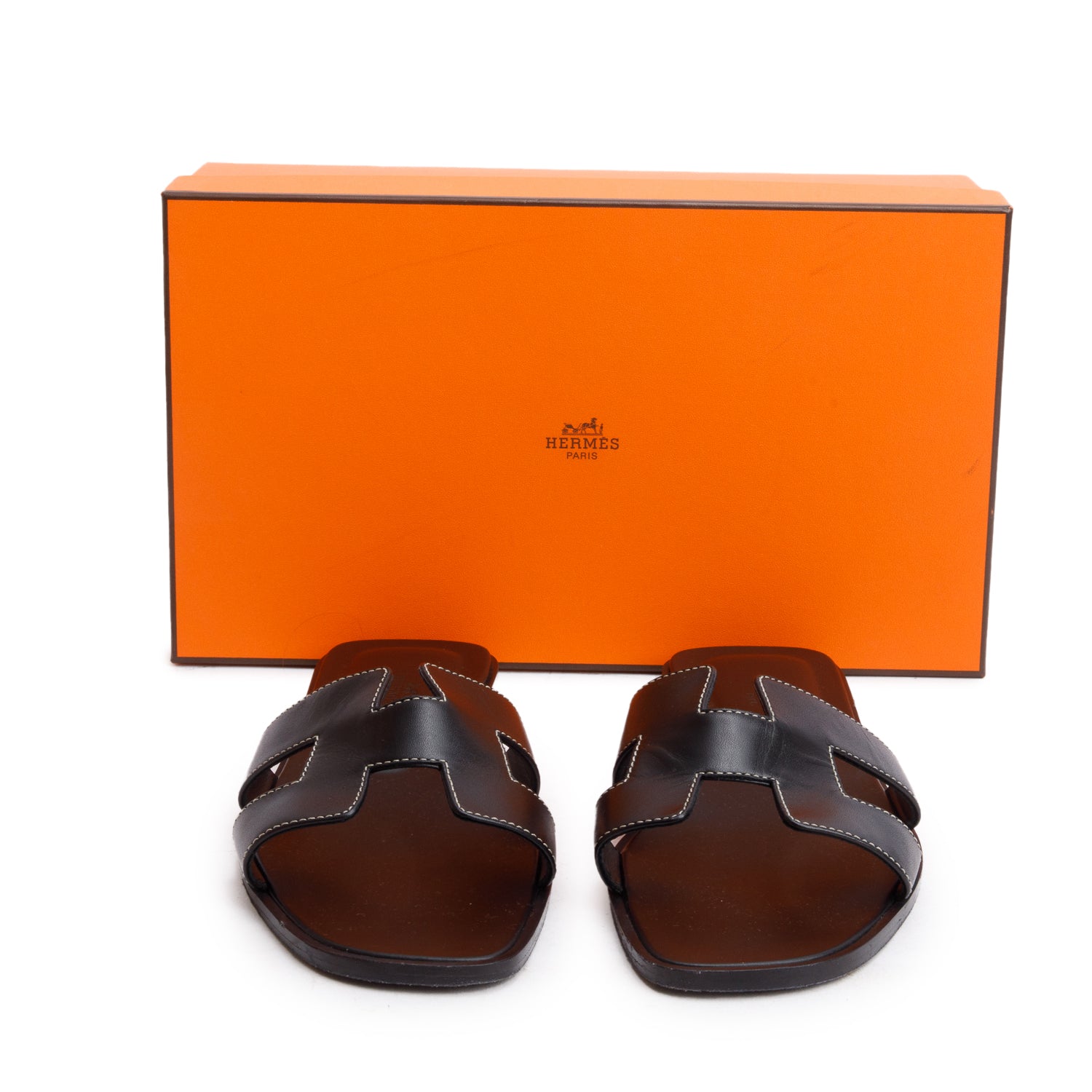 Hermes Black Box Leather Oran Sandals, Size 39 w/ Box
