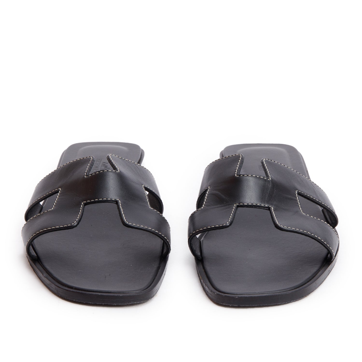 Hermes Black Box Leather Oran Sandals, Size 39 w/ Box