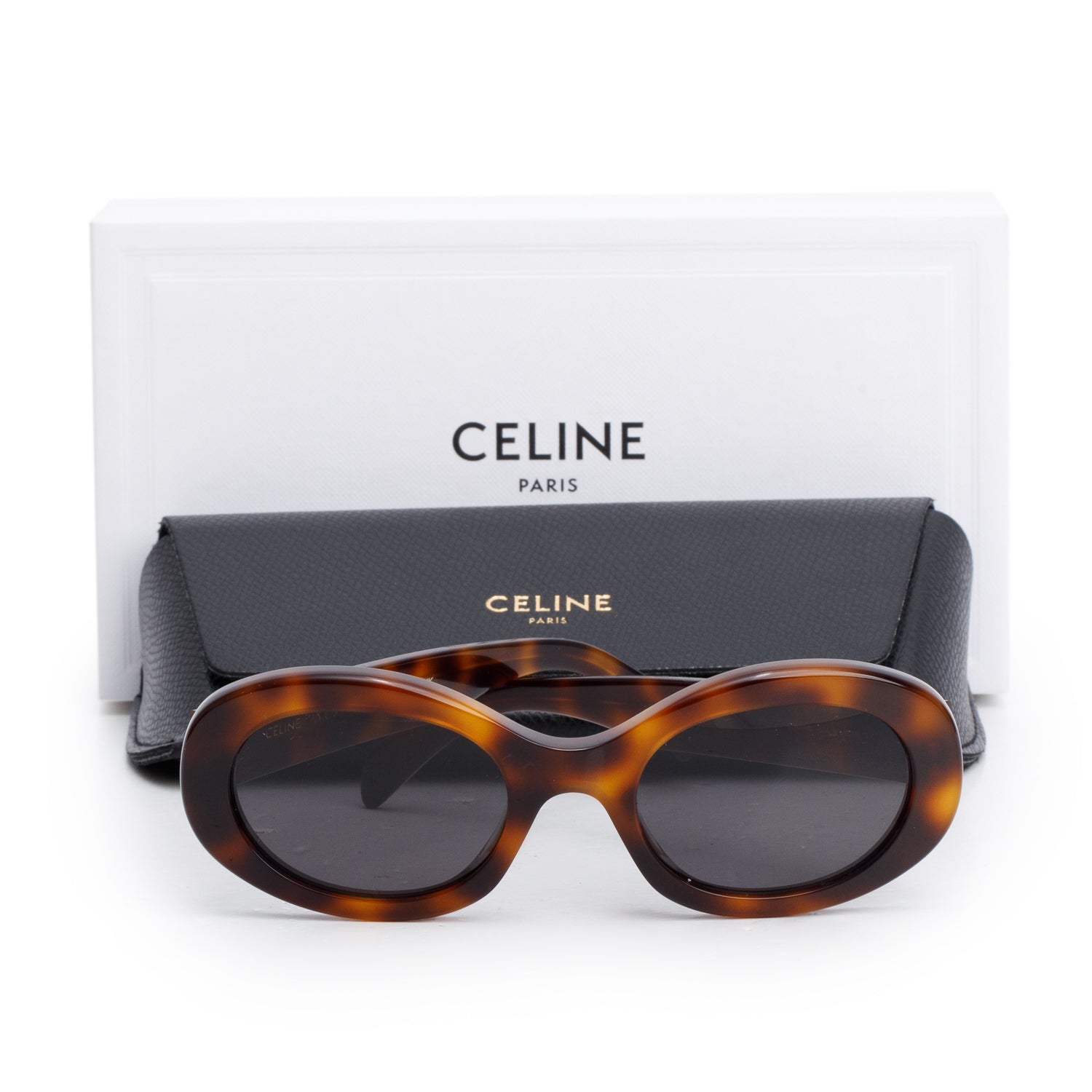 Celine CL40194U Tortoise Acetate Triomphe 01 Oval Sunglasses w/ Box & Case
