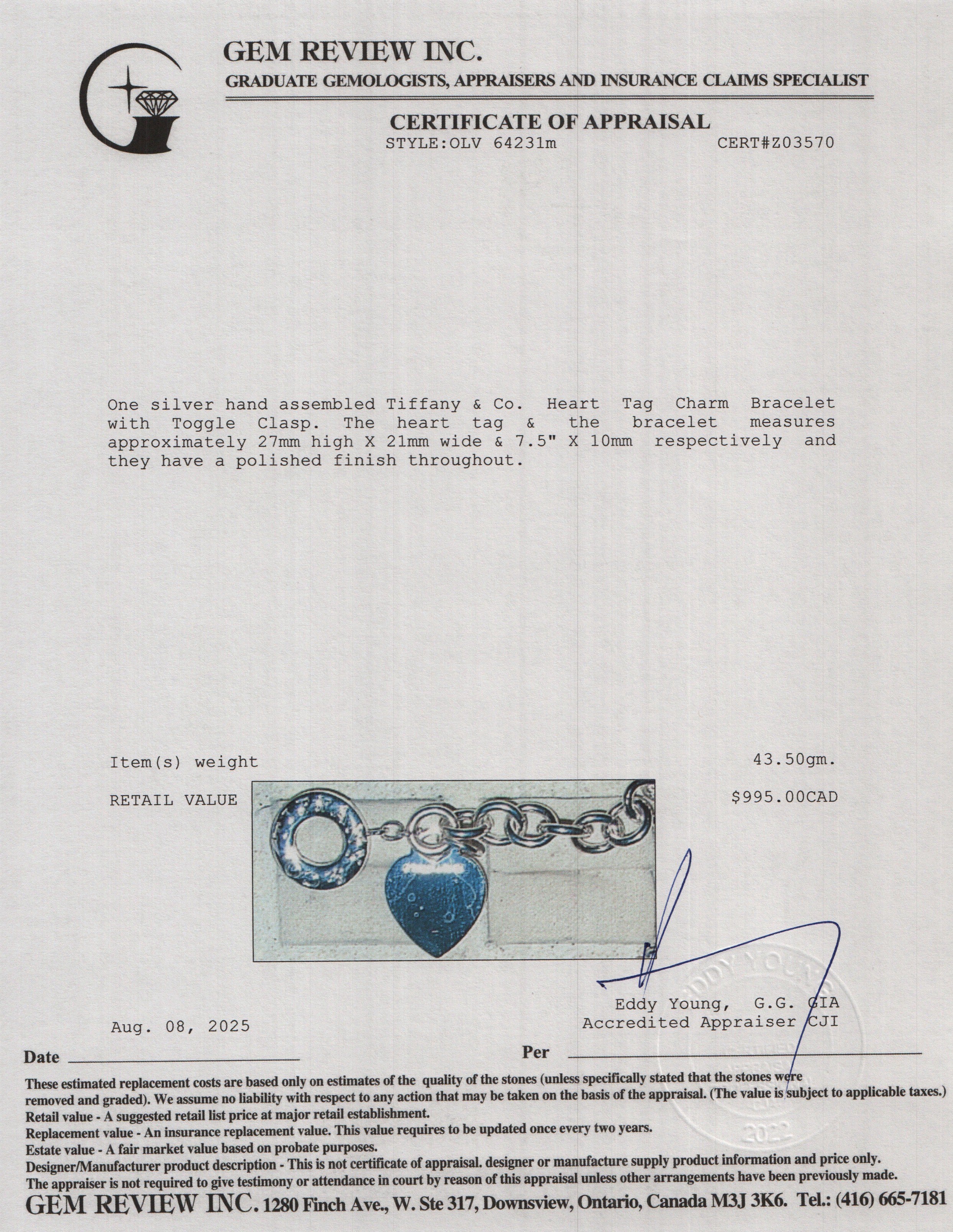 Tiffany & Co. Sterling Silver Heart Tag Charm Bracelet with Toggle Clasp