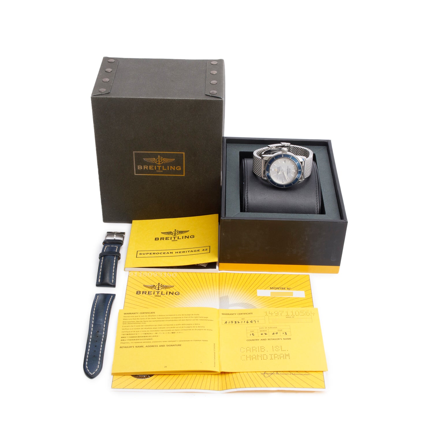 Breitling Stainless Steel Superocean Heritage 42 MM Automatic Watch Blue Bezel Silver Dial A17321 w/ Box, Papers & Extra Strap