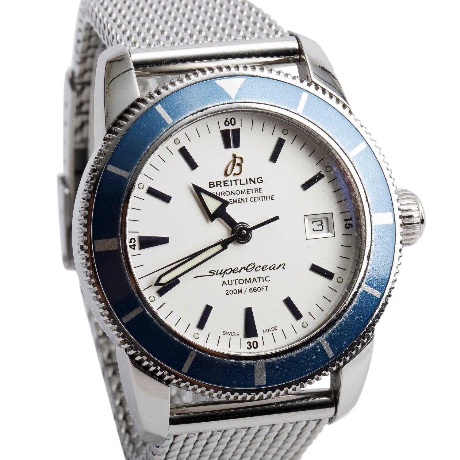 Breitling Stainless Steel Superocean Heritage 42 MM Automatic Watch Blue Bezel Silver Dial A17321 w/ Box, Papers & Extra Strap