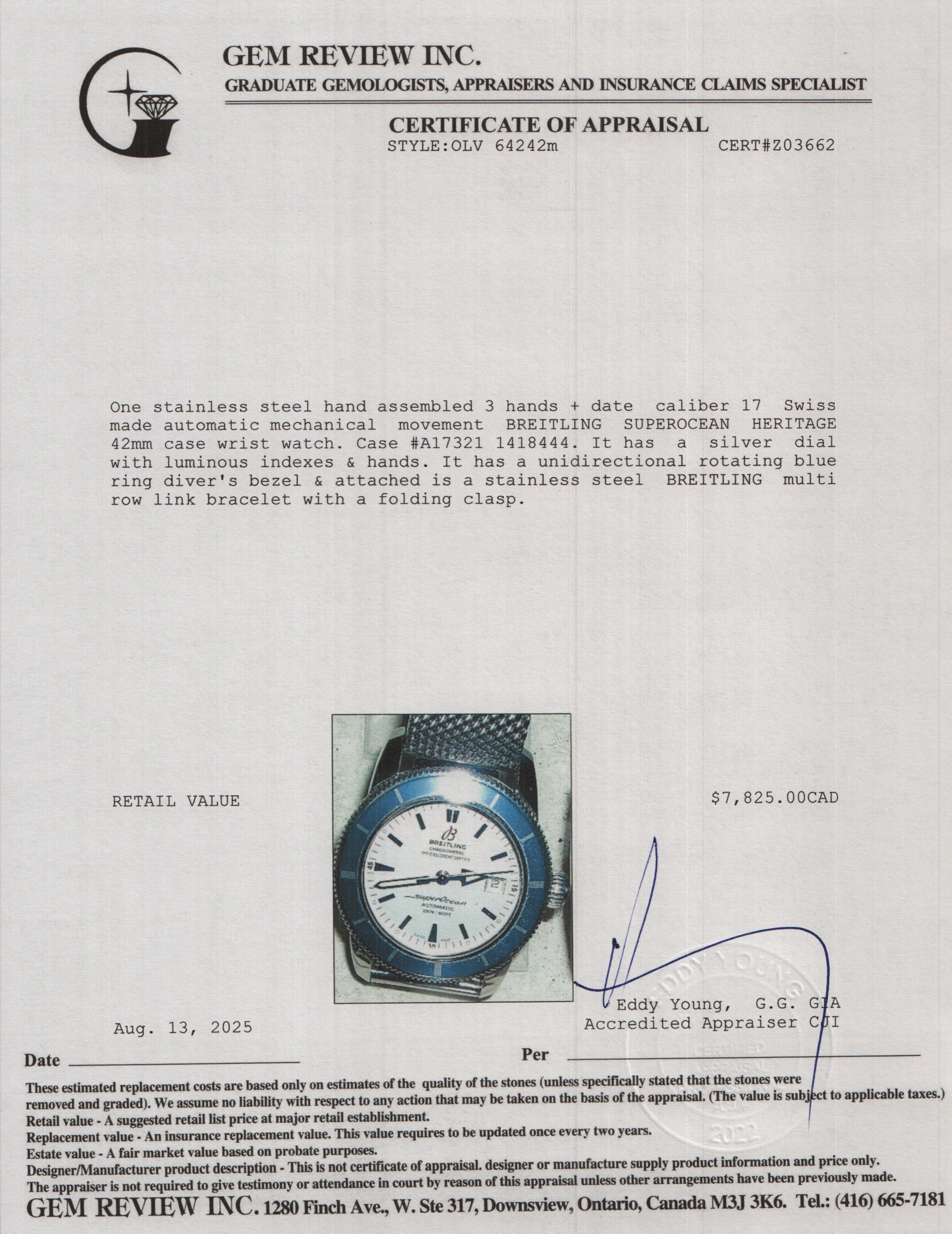 Breitling Stainless Steel Superocean Heritage 42 MM Automatic Watch Blue Bezel Silver Dial A17321 w/ Box, Papers & Extra Strap