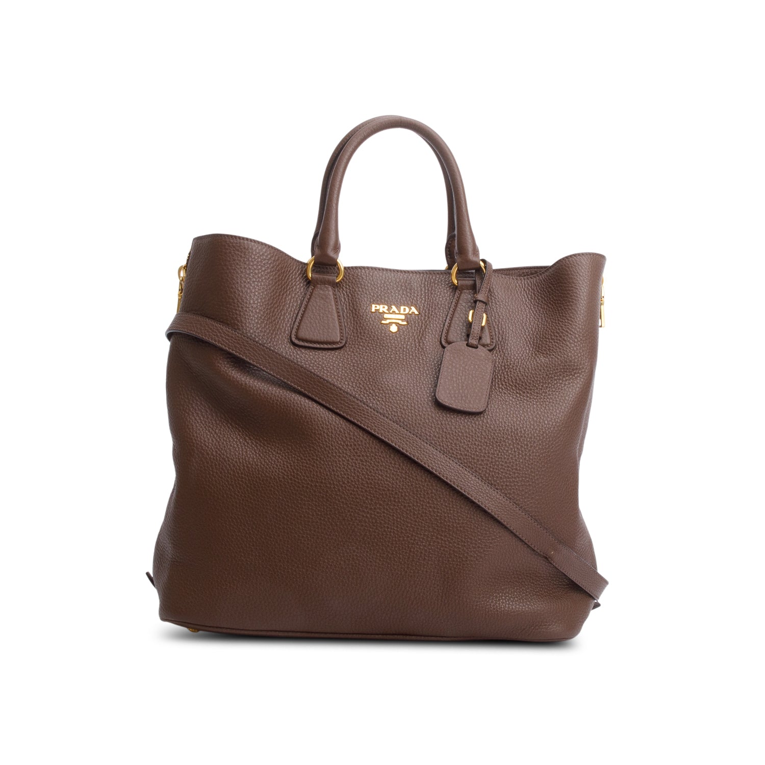 Prada Brown Vitello Daino Leather Side Zip Shopping Tote w/ Strap & Authenticity Card