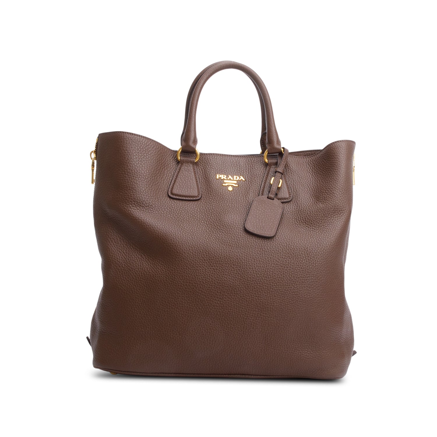 Prada Brown Vitello Daino Leather Side Zip Shopping Tote w/ Strap & Authenticity Card