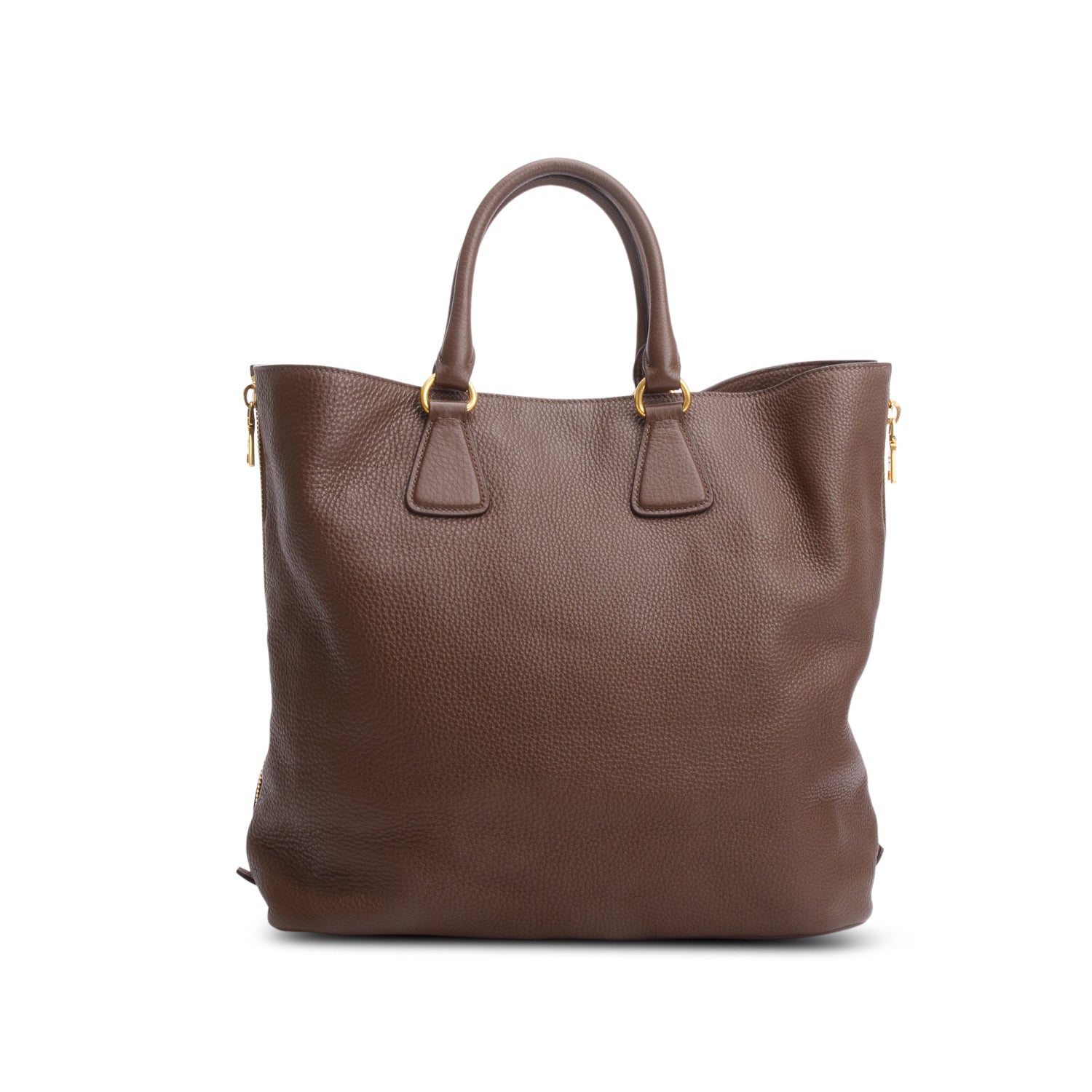 Prada Brown Vitello Daino Leather Side Zip Shopping Tote w/ Strap & Authenticity Card