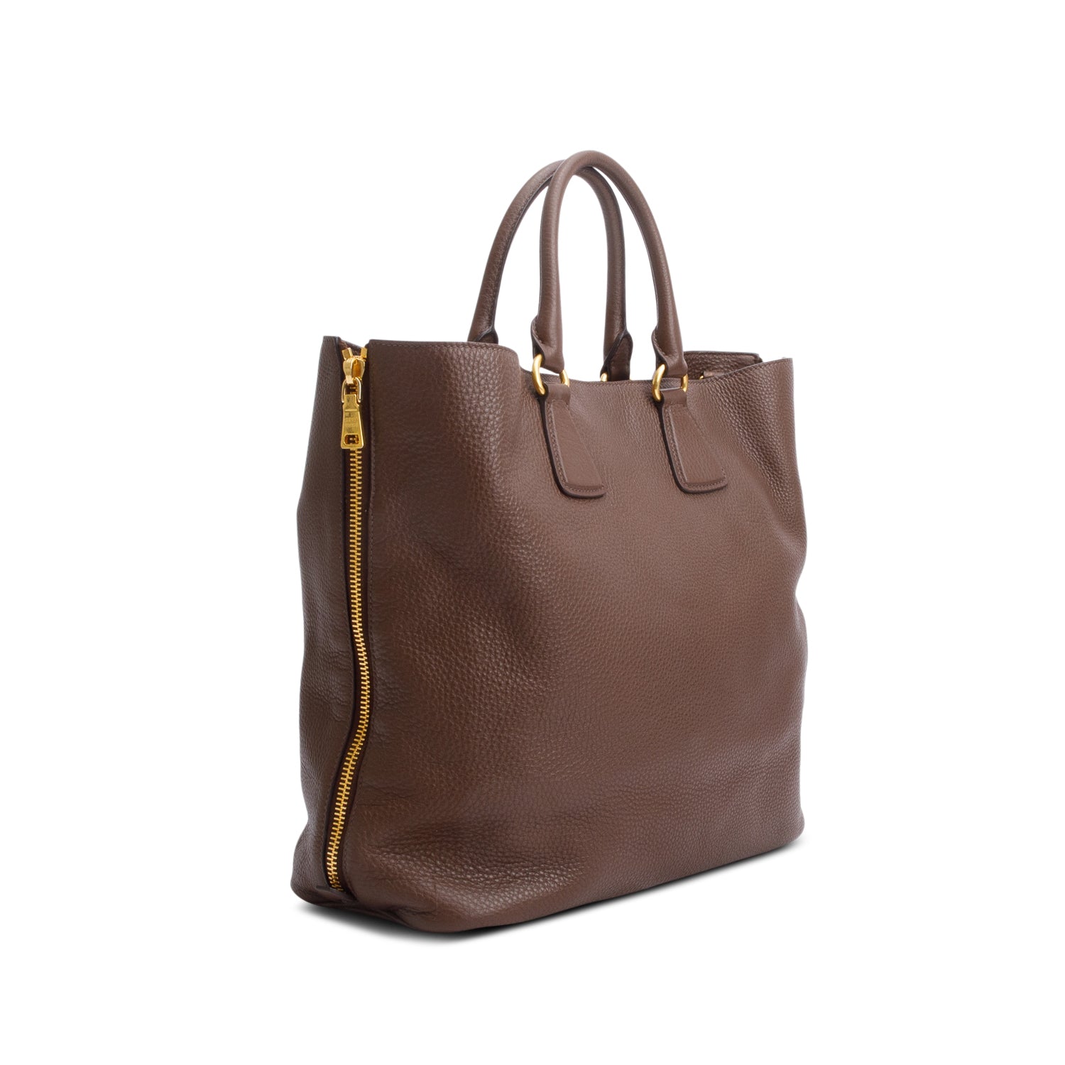 Prada Brown Vitello Daino Leather Side Zip Shopping Tote w/ Strap & Authenticity Card