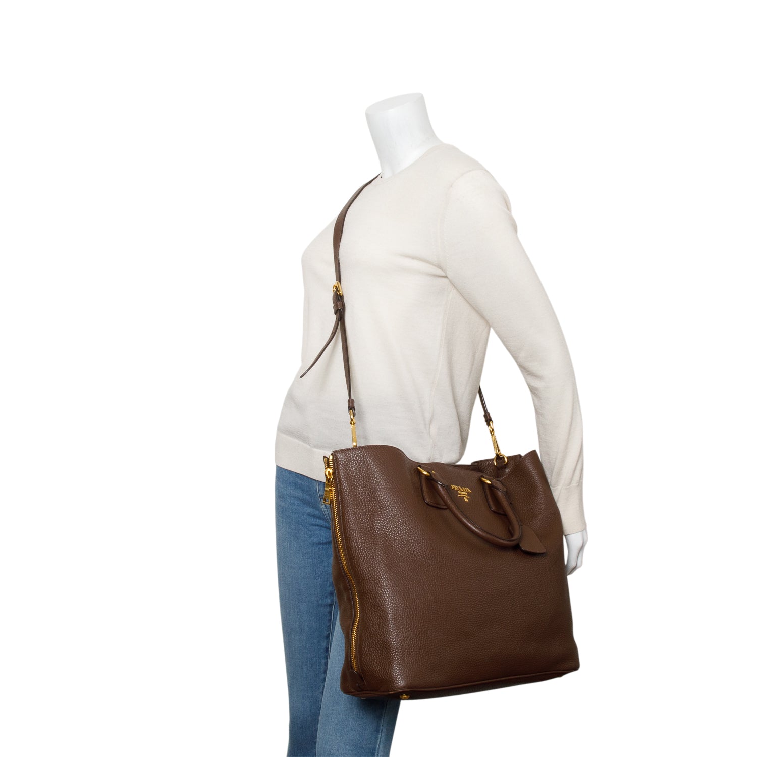 Prada Brown Vitello Daino Leather Side Zip Shopping Tote w/ Strap & Authenticity Card