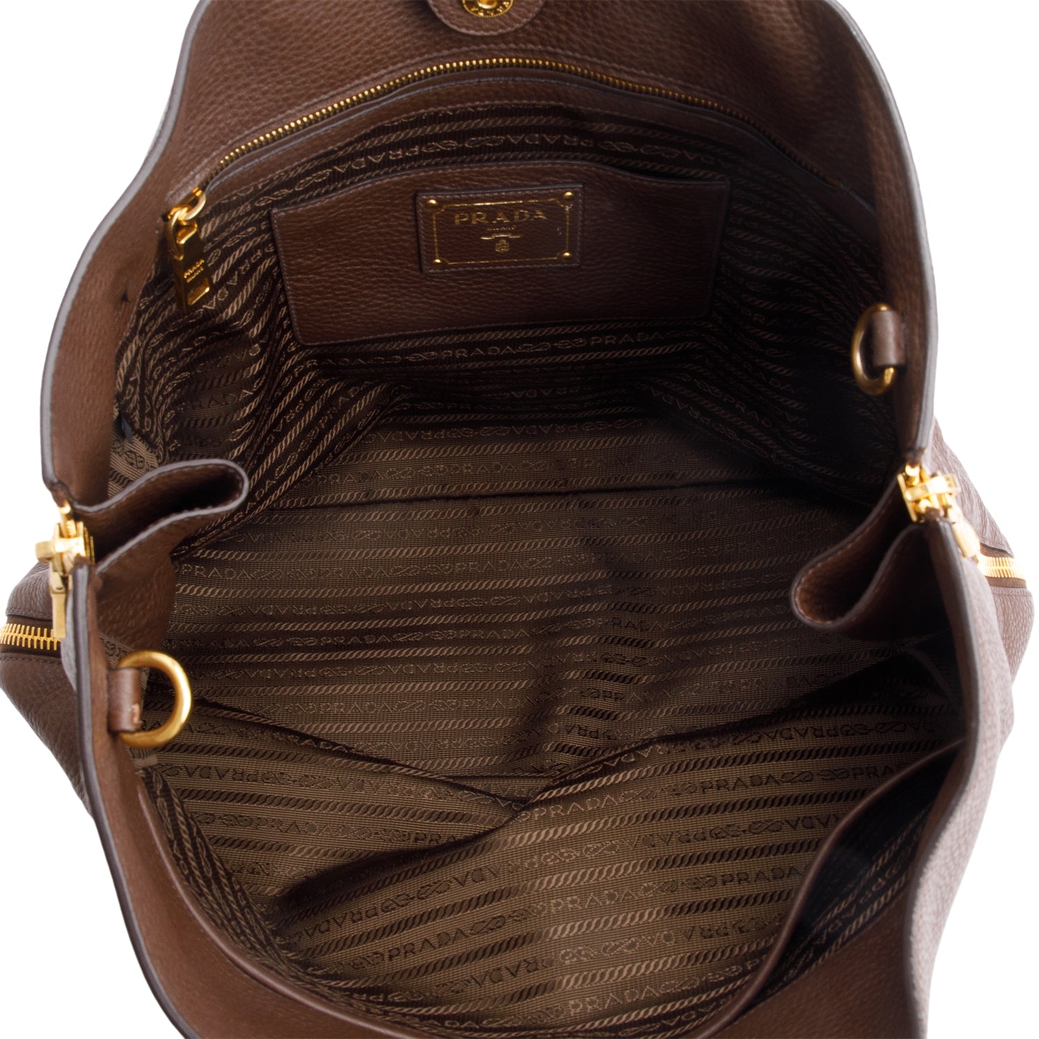 Prada Brown Vitello Daino Leather Side Zip Shopping Tote w/ Strap & Authenticity Card