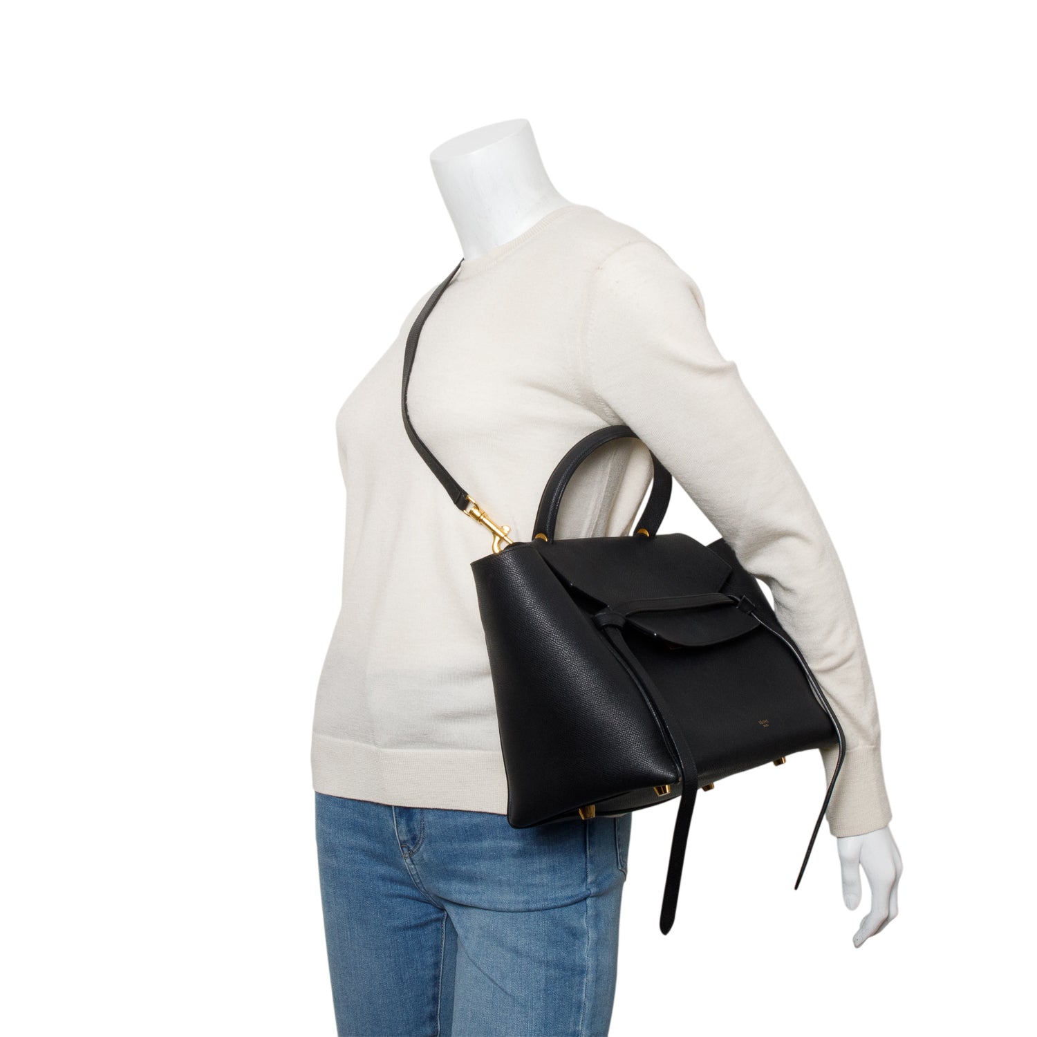 Celine Black Grained Calfskin Leather Mini Belt Bag w/ Strap