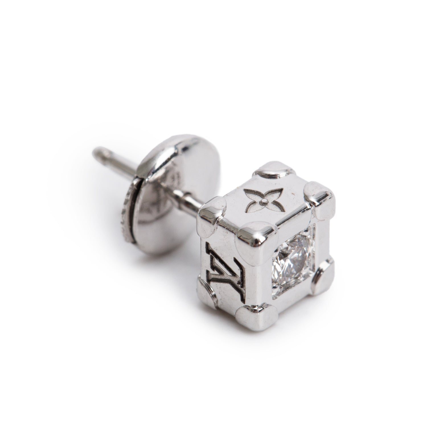 Louis Vuitton 18k White Gold Diamond Les Gastons Vuitton Trunk Single Stud Earring w/ Box