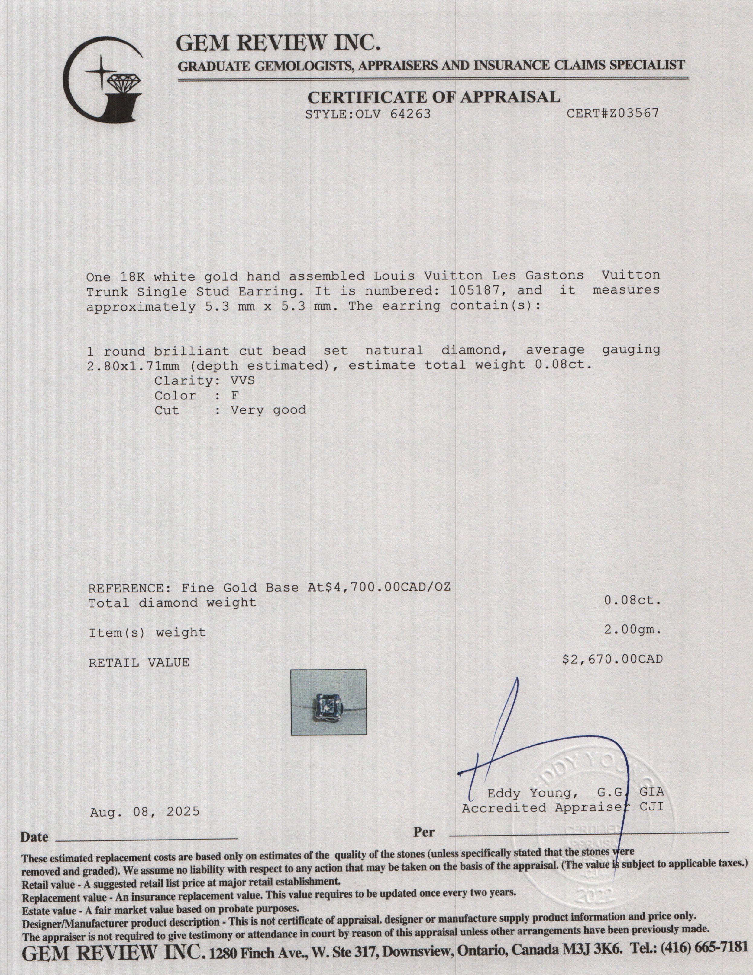 Louis Vuitton 18k White Gold Diamond Les Gastons Vuitton Trunk Single Stud Earring w/ Box