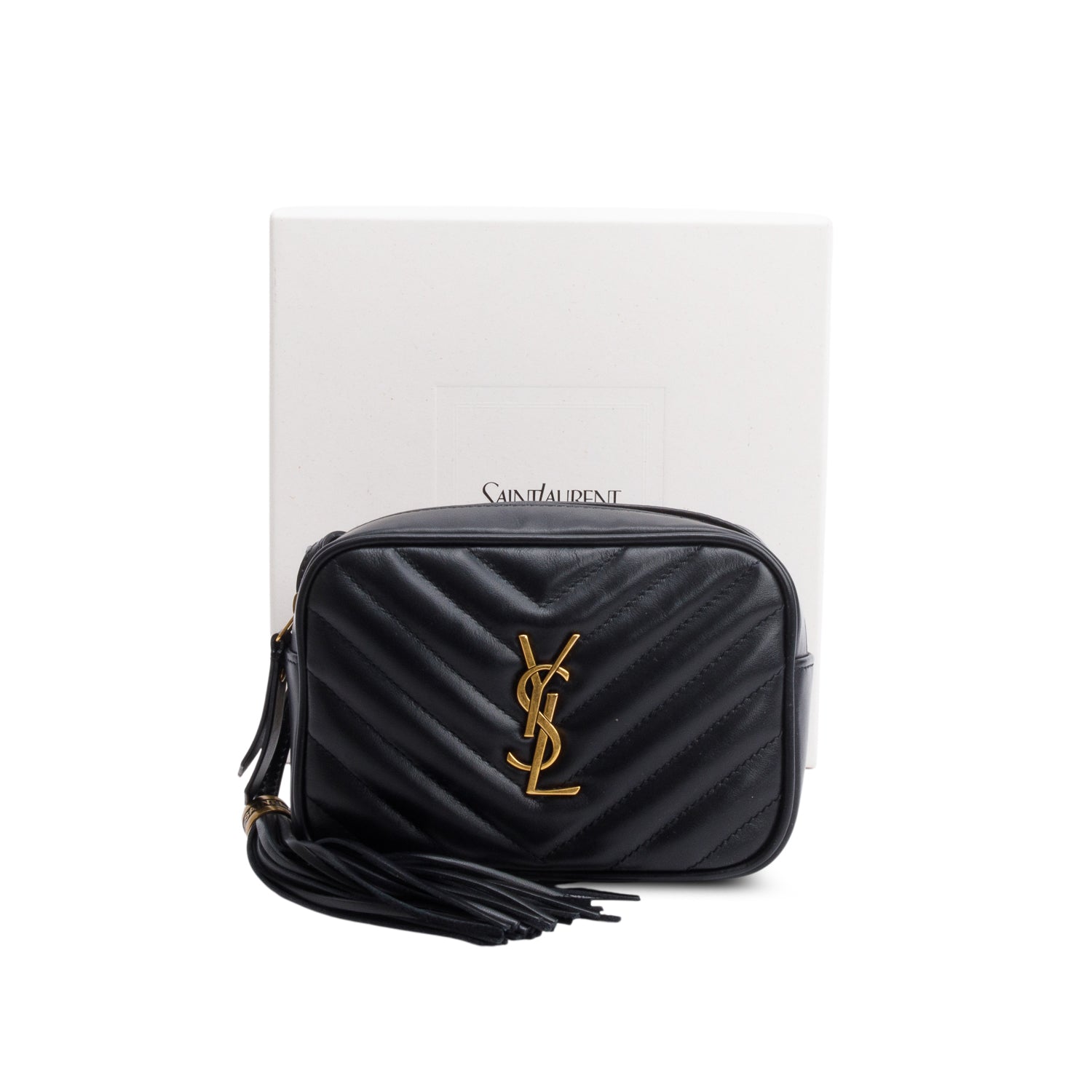 Saint Laurent 2023 Black Chevron Leather Lou Camera Belt Bag w/ Box