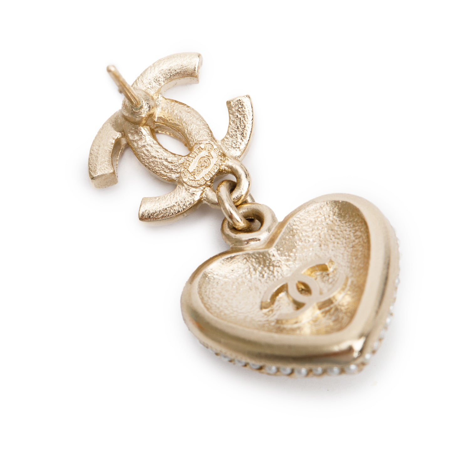 Chanel 2023 Gold-Plated Faux Pearl & Strass CC Heart Drop Earrings