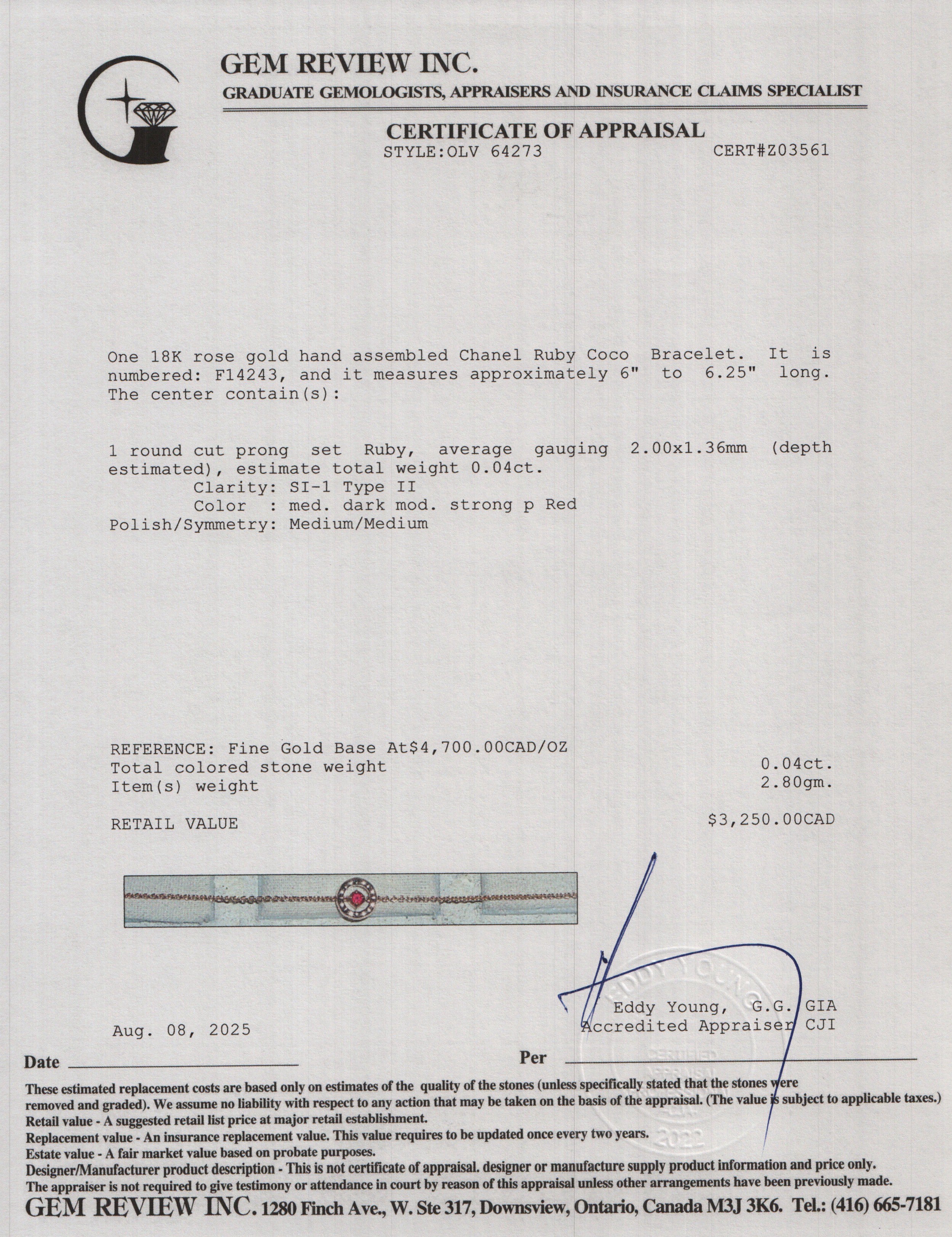 Chanel 18k Rose Gold Ruby Coco Bracelet w/ Box