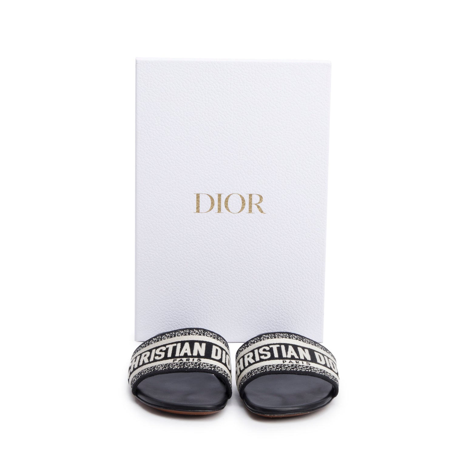 Christian Dior Black Embroidered Cotton Heeled Dway Slide, Size 38.5 w/ Box