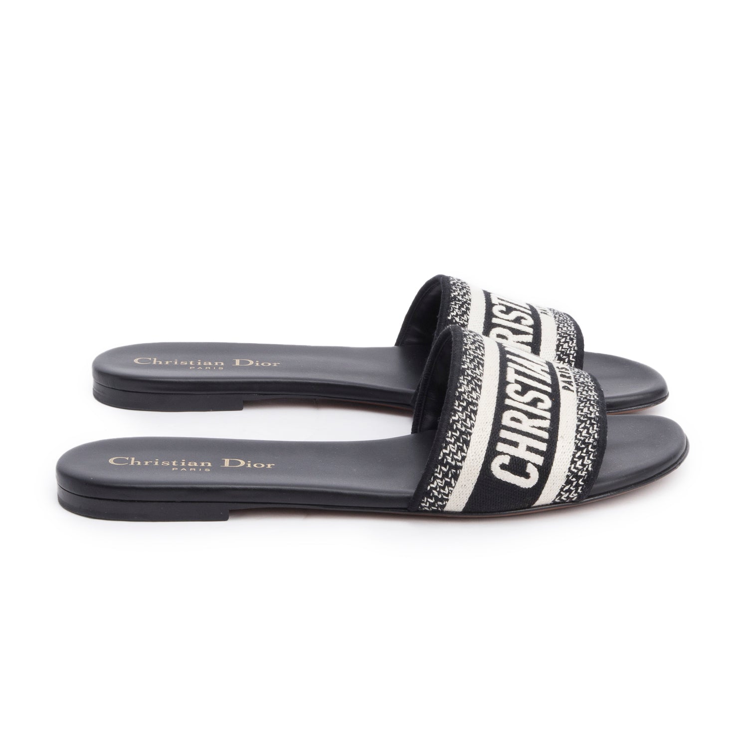Christian Dior Black Embroidered Cotton Heeled Dway Slide, Size 38.5 w/ Box