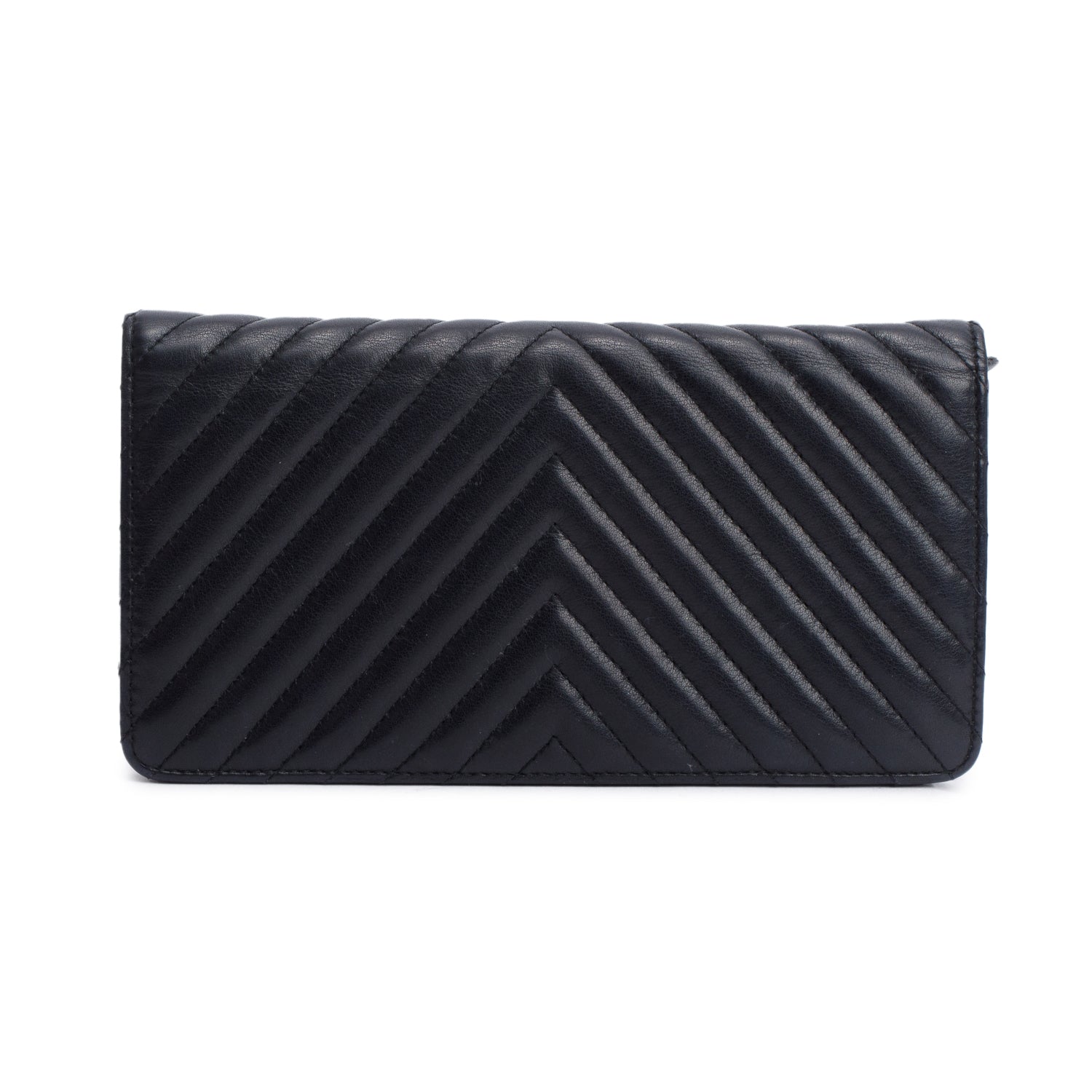 Chanel Black Lambskin Chevron Bi-Fold Wallet w/ Authenticity Card