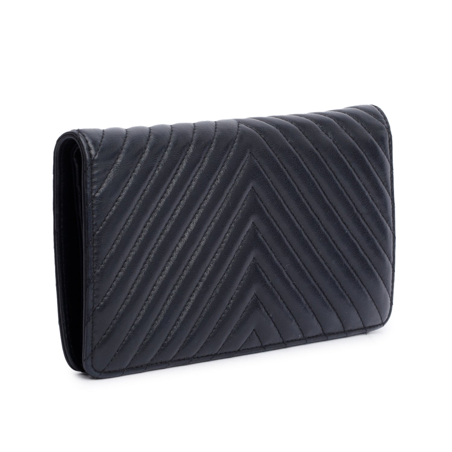 Chanel Black Lambskin Chevron Bi-Fold Wallet w/ Authenticity Card
