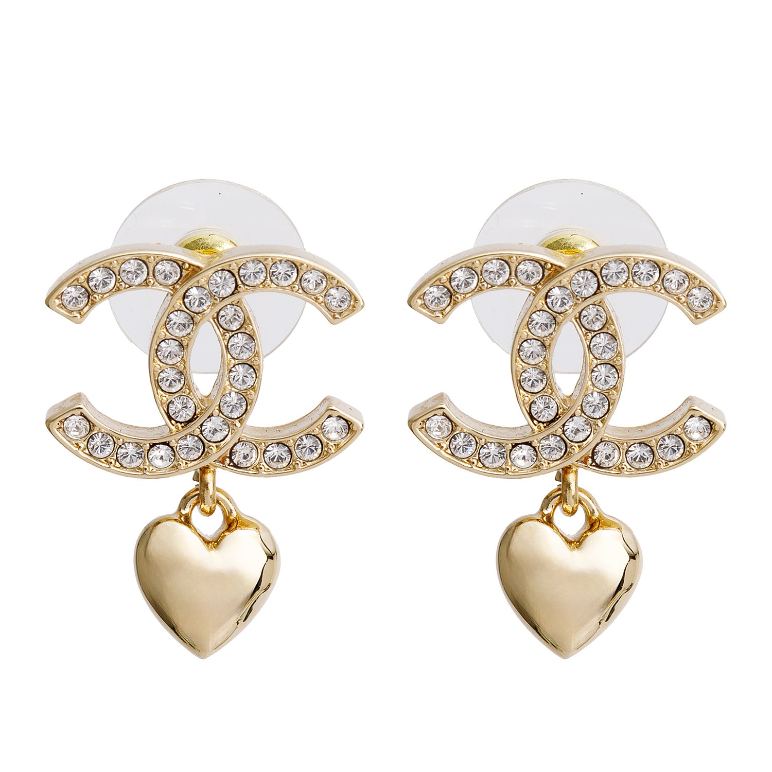 Chanel 2023 Gold-Plated Strass CC Heart Drop Earrings w/ Box