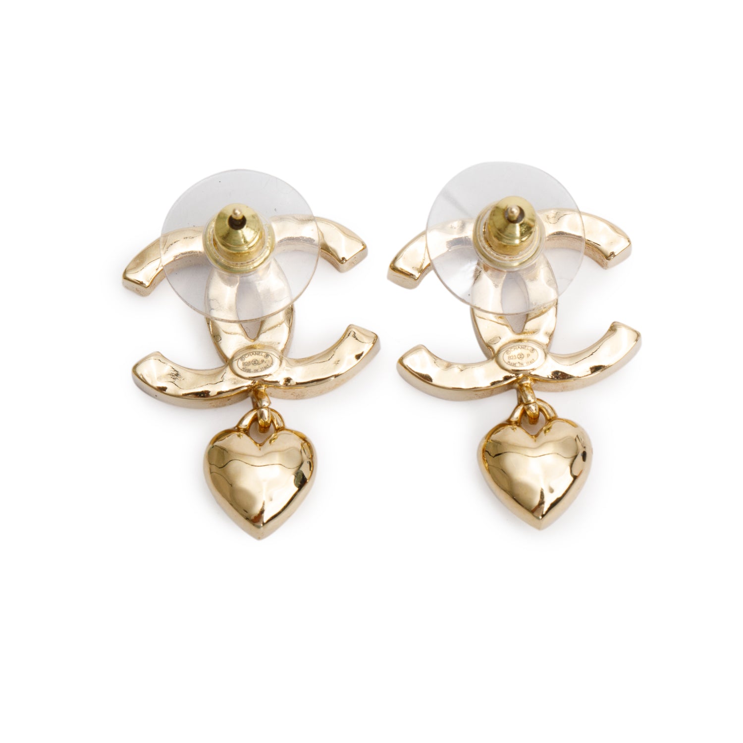 Chanel 2023 Gold-Plated Strass CC Heart Drop Earrings w/ Box