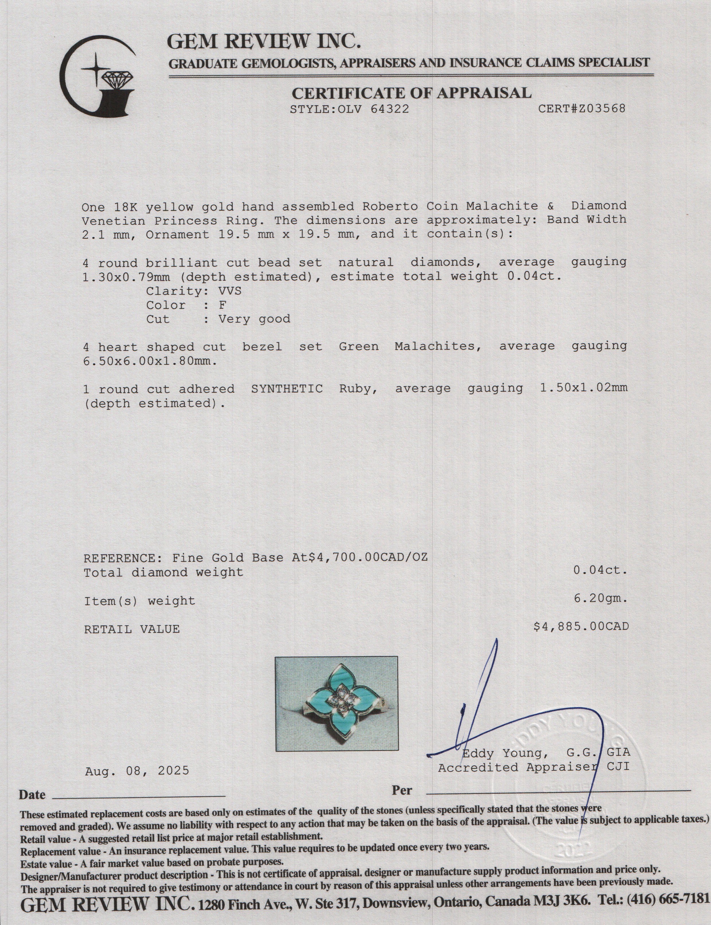 Roberto Coin 18k Yellow Gold Malachite & Diamond Venetian Princess Ring, Size 8