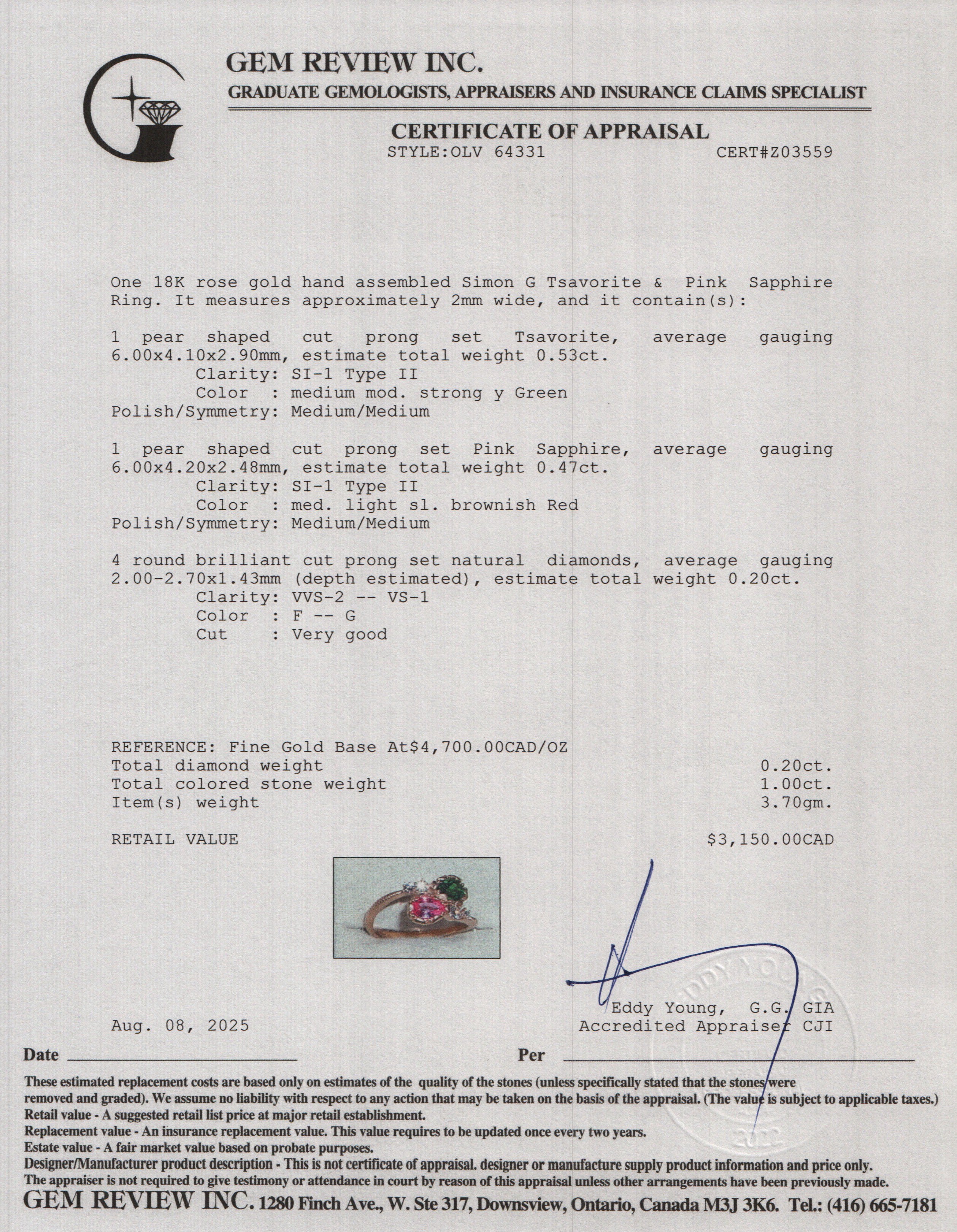 Simon G 18k Rose Gold Tsavorite & Pink Sapphire Ring, Size 8