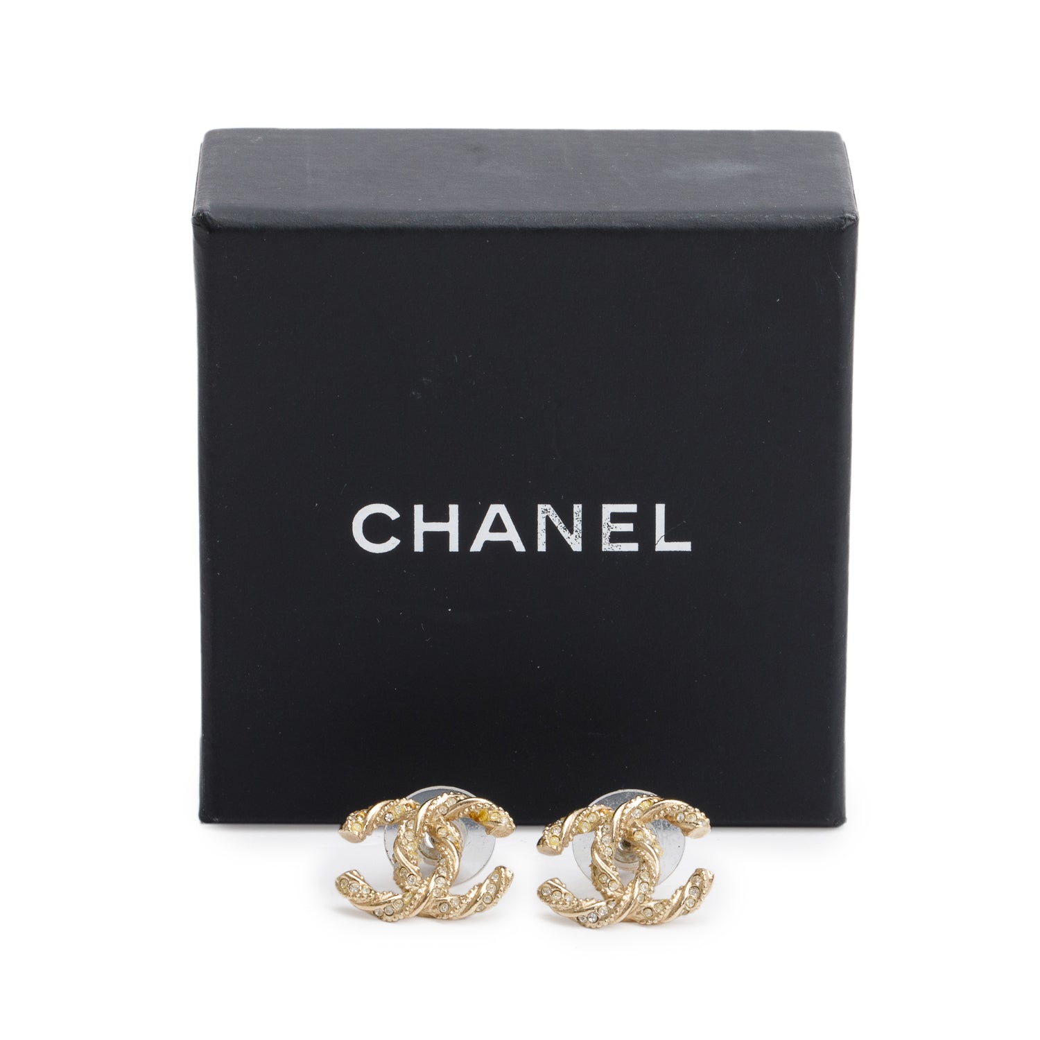 Chanel Gold-Plated Strass CC Twist Stud Earrings w/ Box