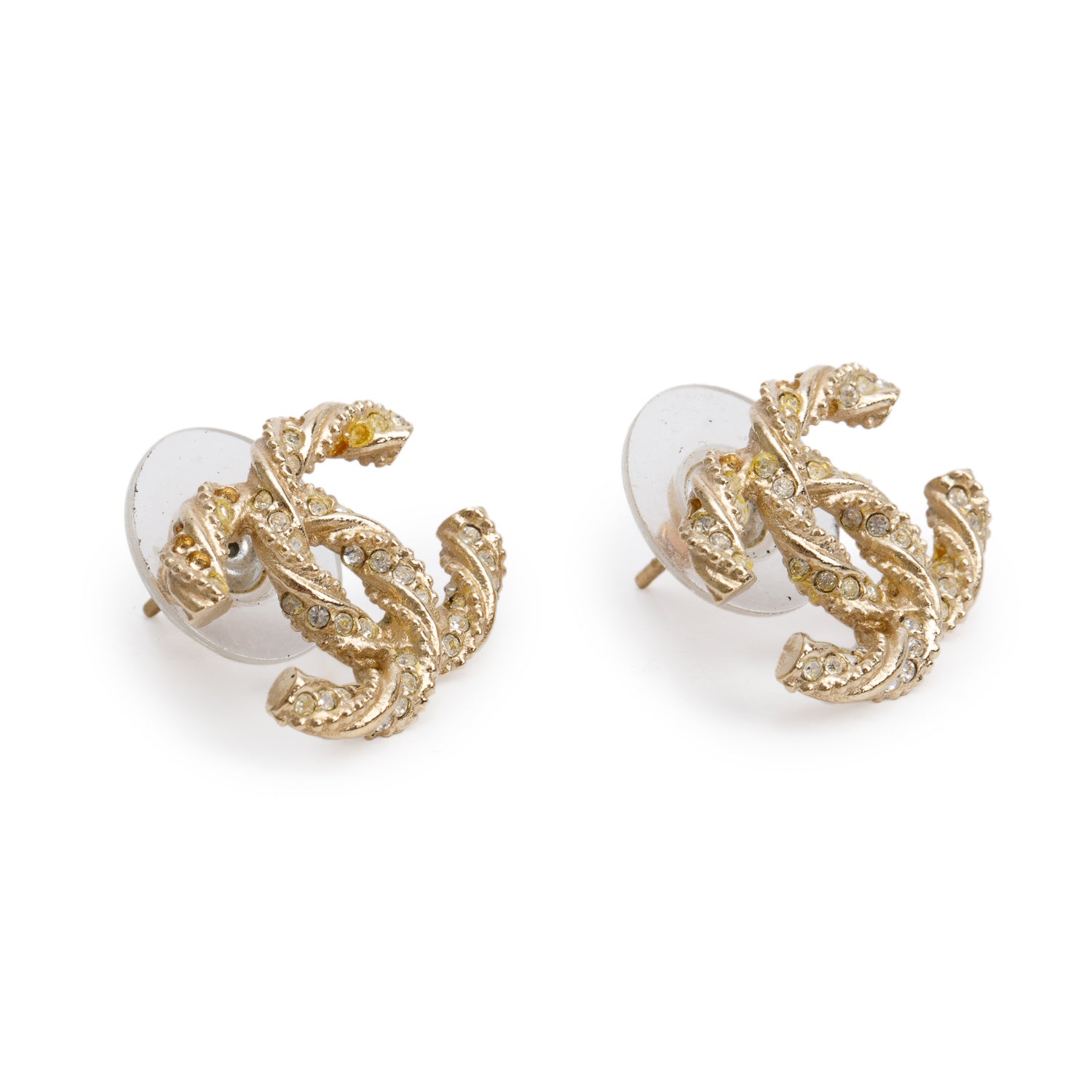 Chanel Gold-Plated Strass CC Twist Stud Earrings w/ Box