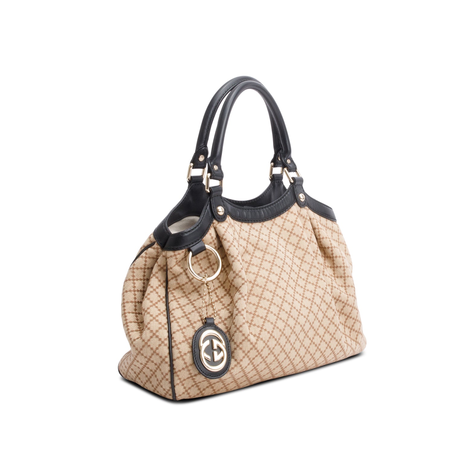 Gucci Beige Diamante Canvas Black Leather Trim Medium Sukey Bag