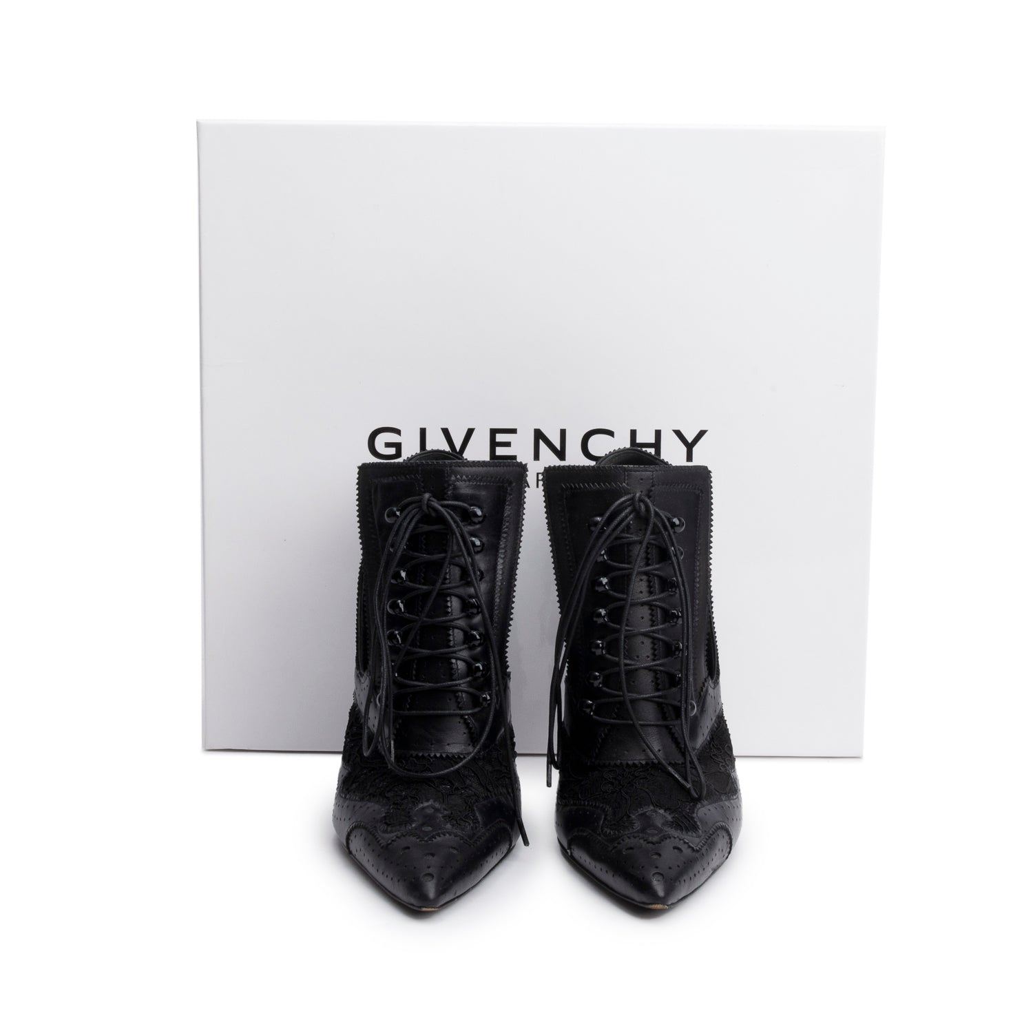 Givenchy Black Baroque Leather Bottine Show Lace Up Ankle Boots, Size 37 w/ Box