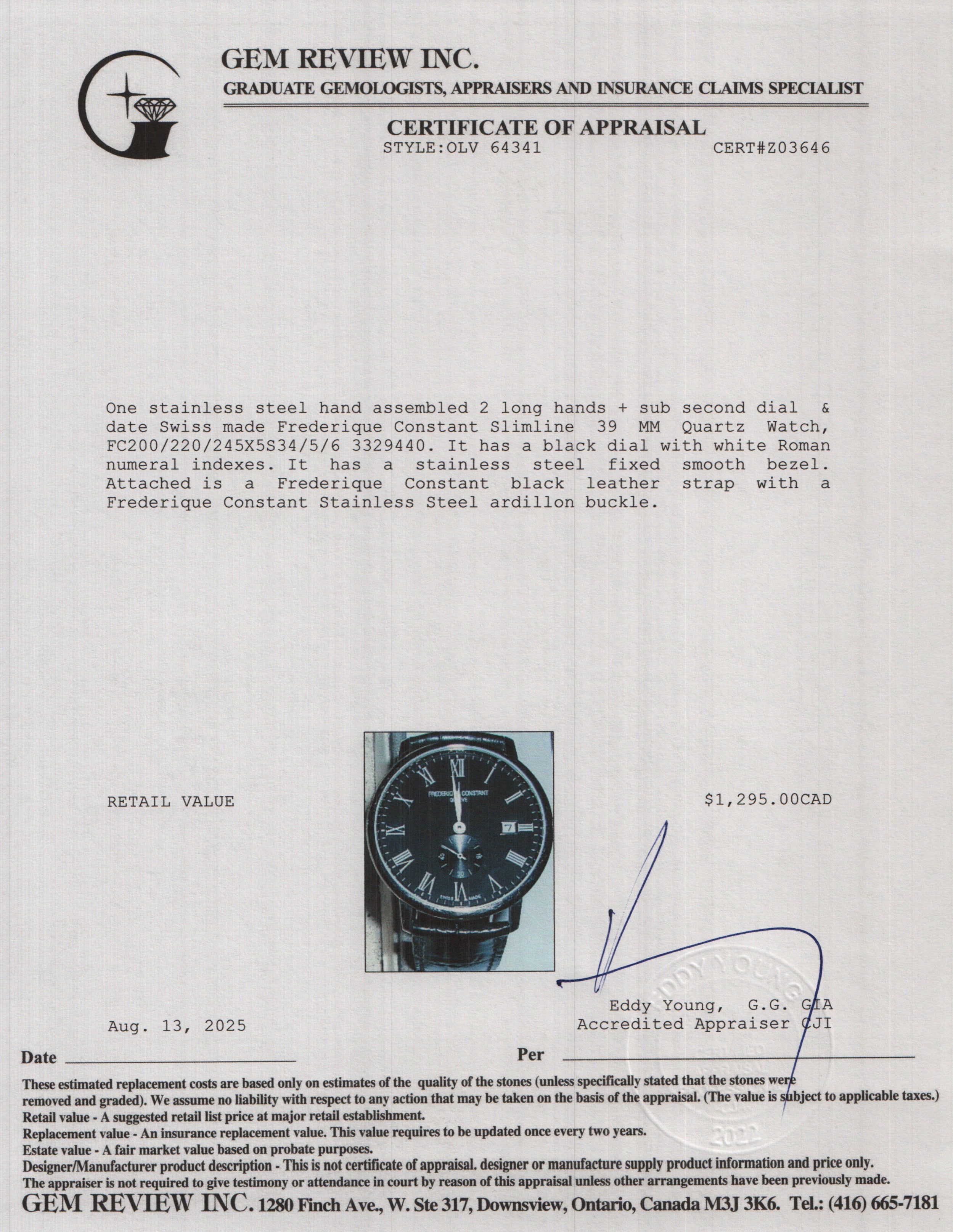 Frederique Constant Stainless Steel Slimline 39 MM Quartz Watch Black Dial