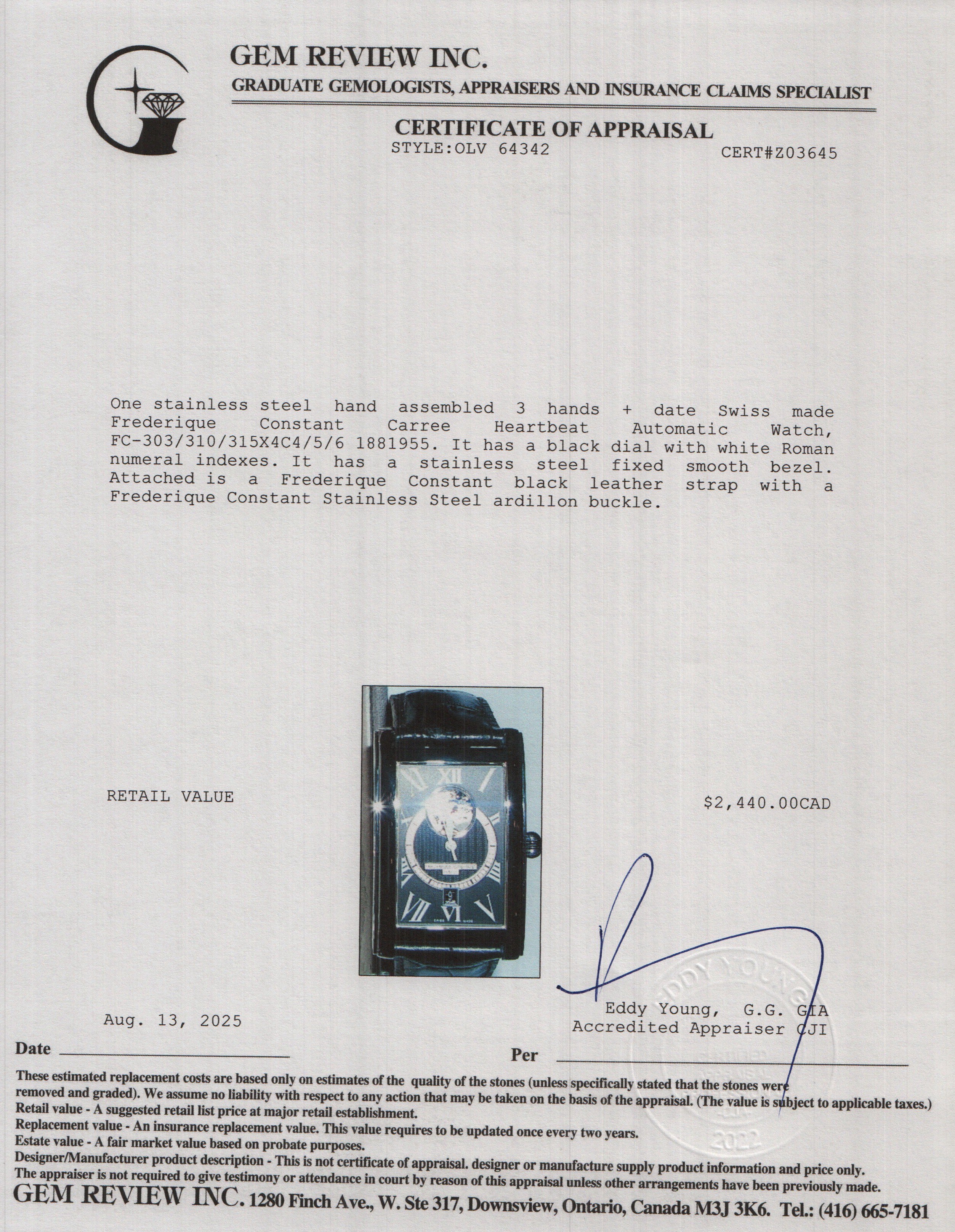 Frederique Constant Stainless Steel Carree Heartbeat Automatic Watch Black Dial